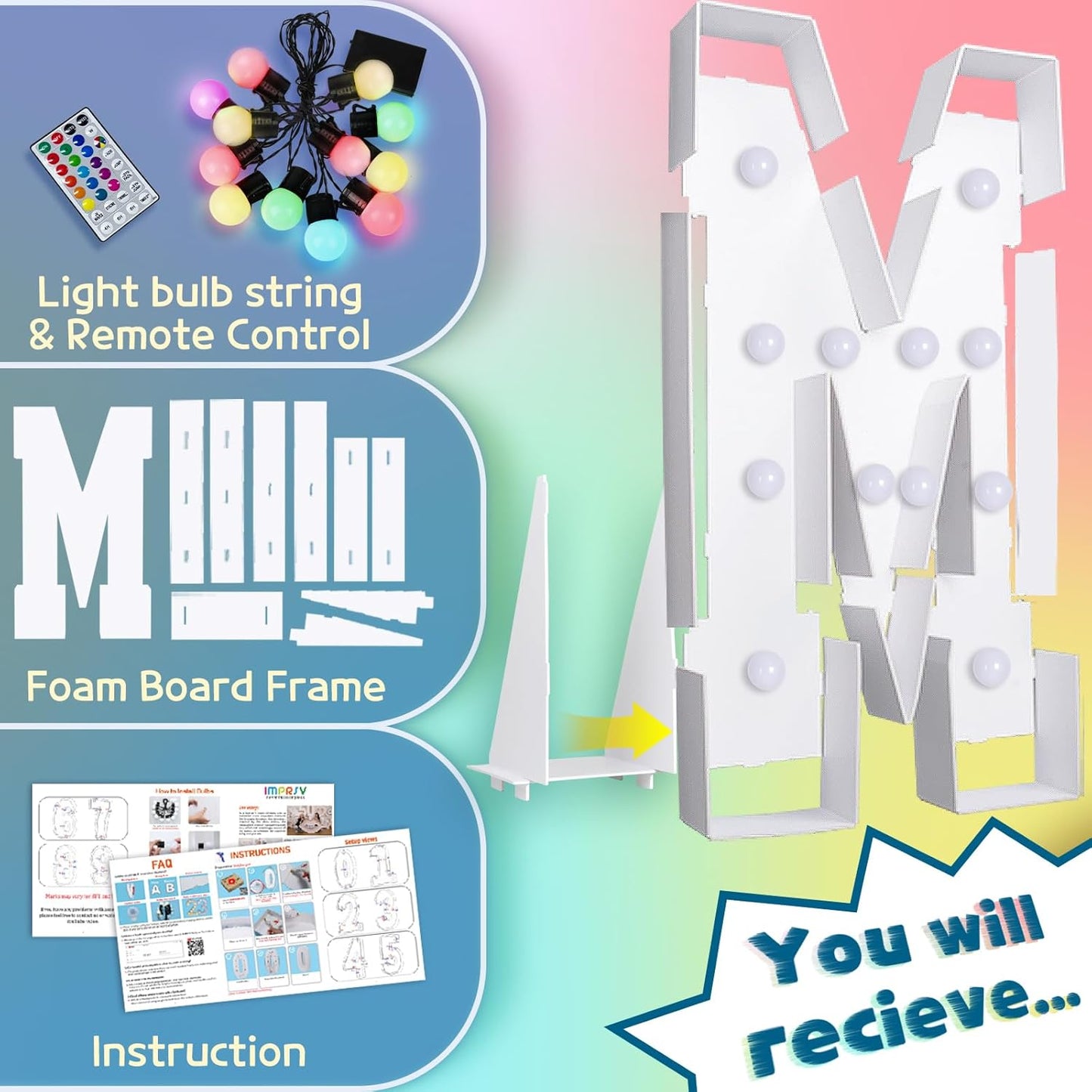 imprsv 4FT Colorful Marquee Light Up Letters M, 18 Colors Large Light up Letters Alphabet Sign with Remote, Large Marry Me Sign, Birthday Party Decorations Baby Shower Anniversary Wedding Decoration