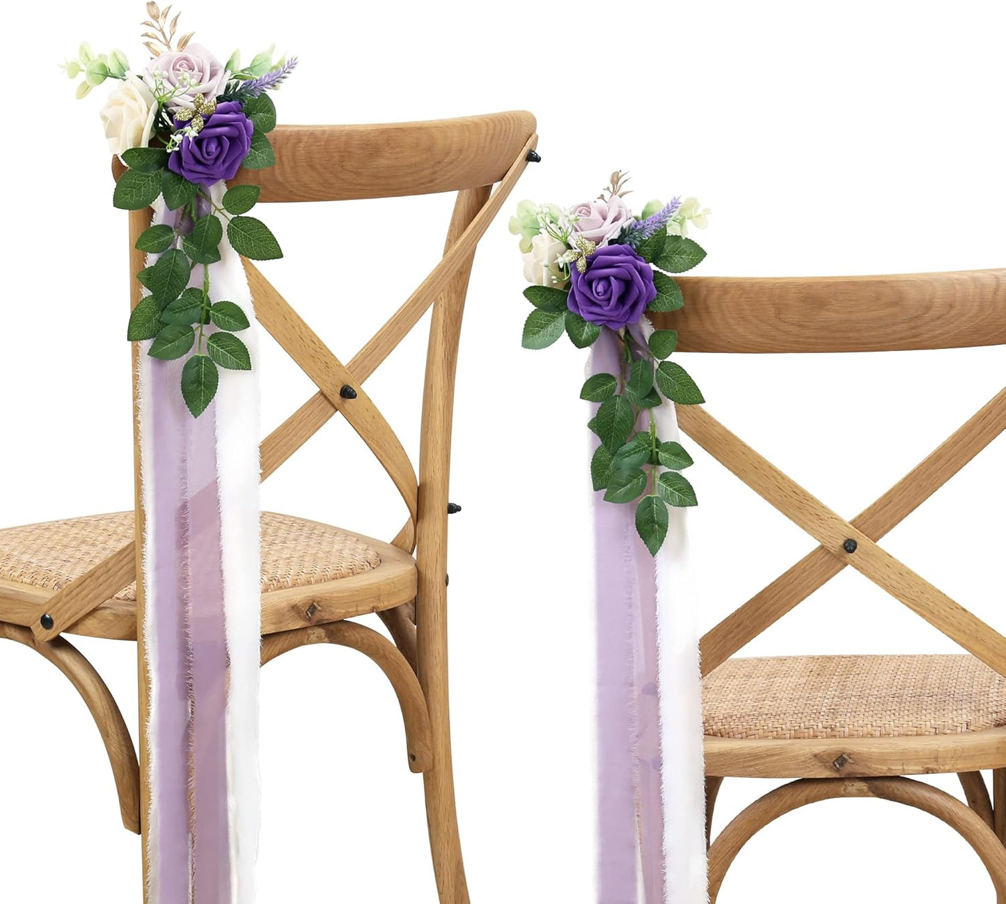 Wedding Aisle Decorations for Wedding Ceremony Set of 10 Pew Flowers for Church Chair Decorations Party Decor with Artificial Flowers Eucalyptus and Ribbons Purple