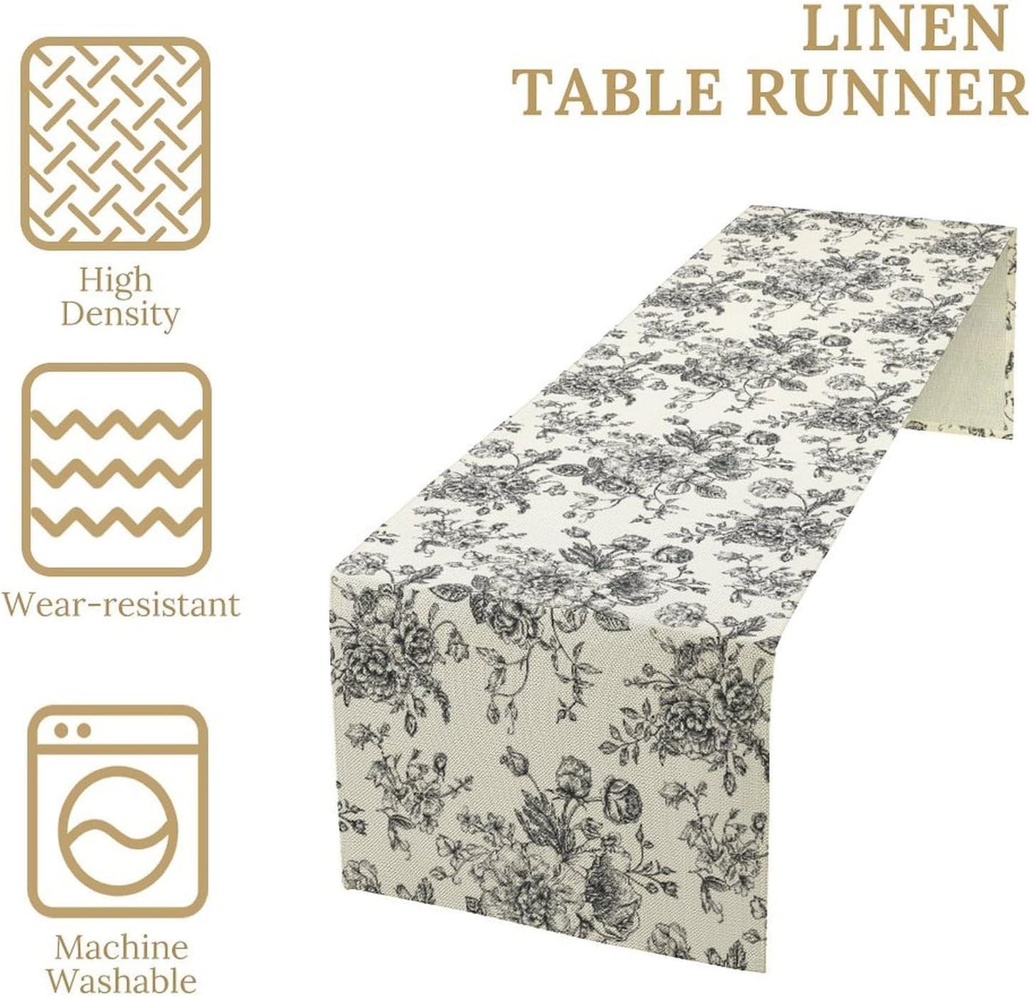 Vintage Flower Table Runner, Black White Wildfloral Floral Sketch Print Kitchen Dinning Table Runner for Indoor Outdoor Home Wedding Party Holiday, 13x70 Inch