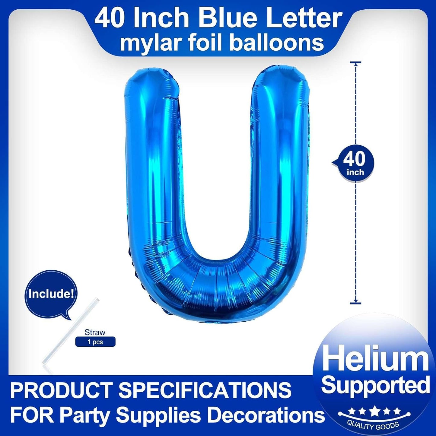 40 Inch Blue Letter U Balloons, DIY Phrase Foil Alphabet Letter U Balloons DIY Word U Banner for Birthday Anniversary Celebration Graduation Party Supplies Decoration