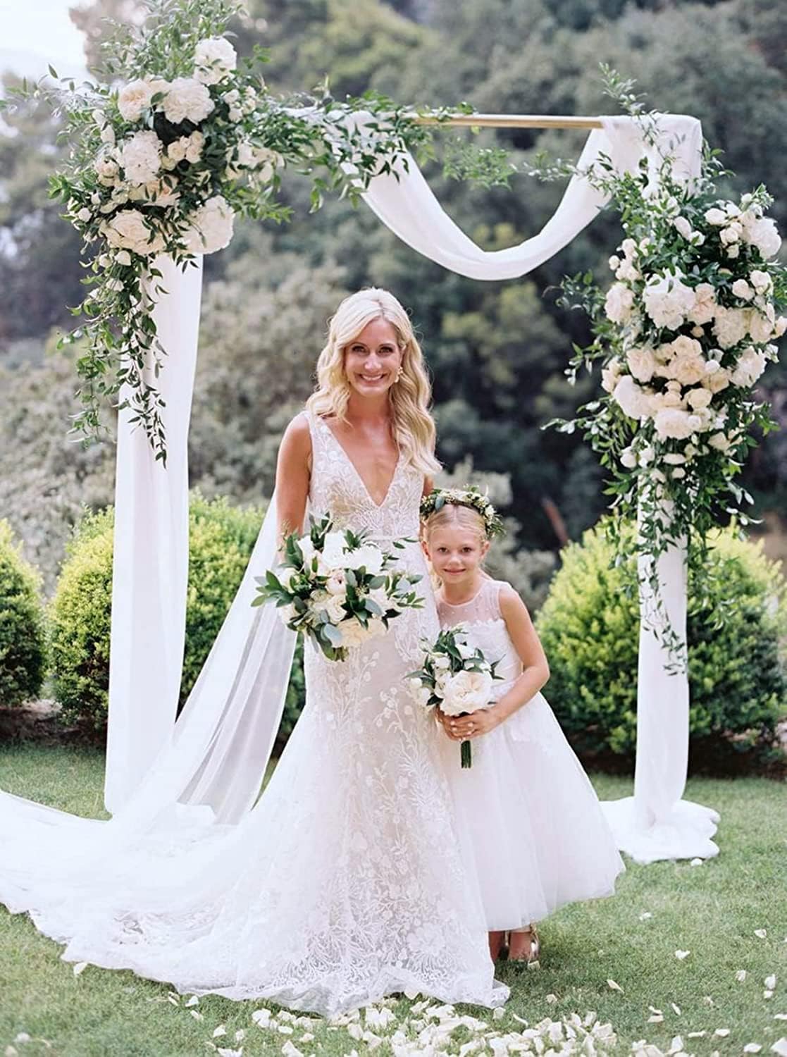 White Wedding Arch Draping Fabric 20Ft Arch for Wedding Ceremony Outside Birch Wood White Chiffon Fabric Drapes Sheer Backdrop Drapes for Party Ceremony Arch Stage