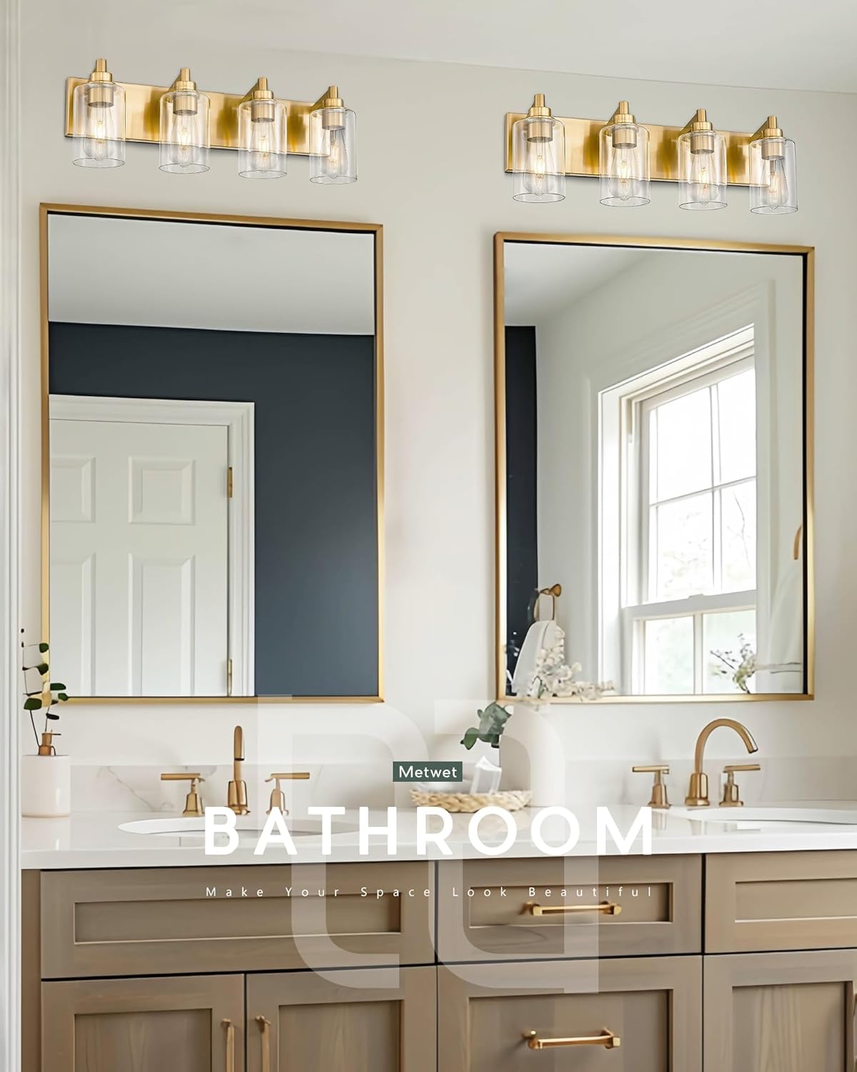 4-Light Bathroom Light Fixtures, Brushed Gold Vanity Light with Cylinder Clear Glass Shade, Modern Vanity Lighting Fixtures Over Mirror, VL143-BG-4