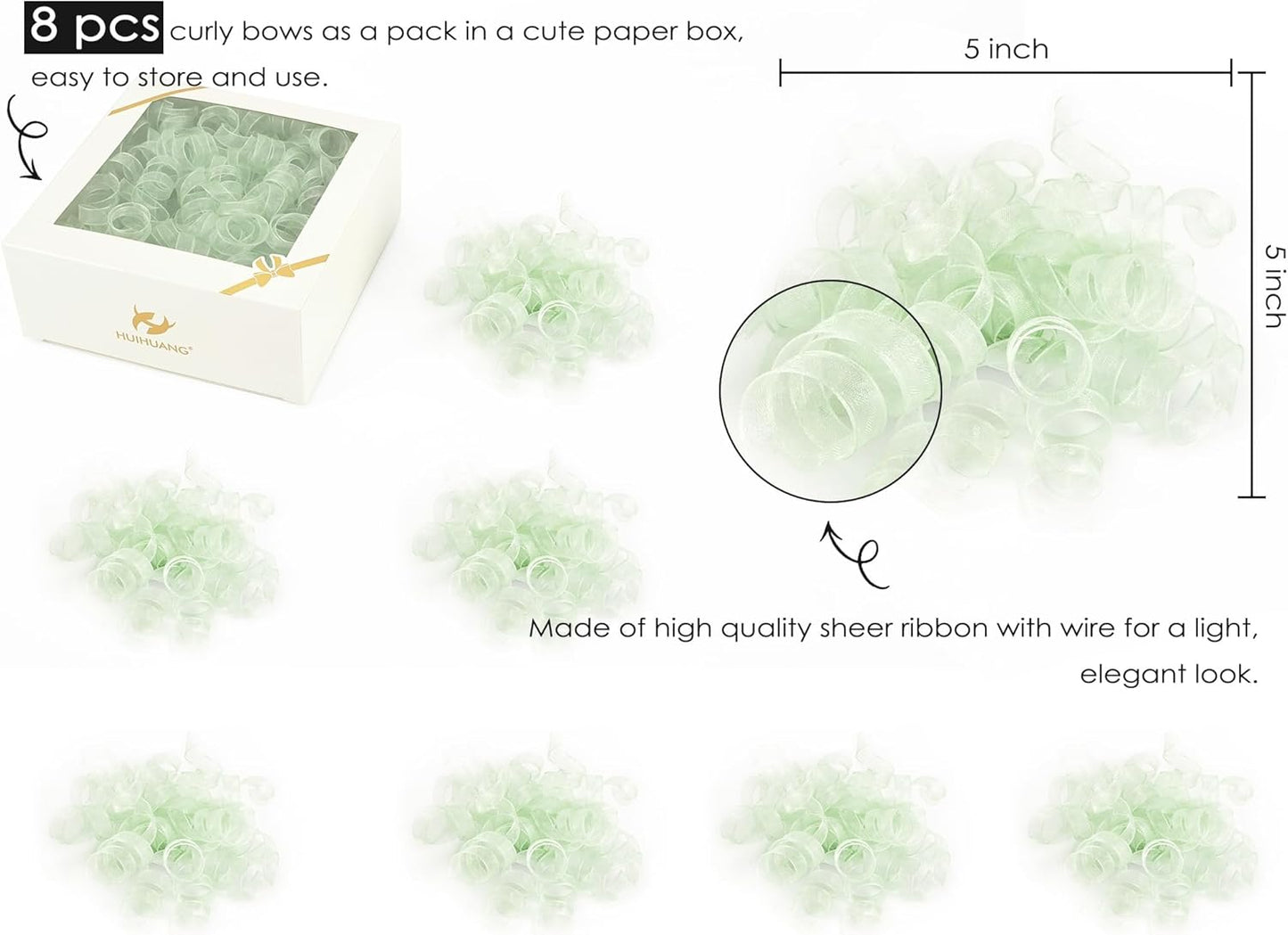 HUIHUANG Curly Bows for Gift Wrapping Sage Green Gift Bows 5 inch x 8 Counts Self-Adhesive Curly Ribbon Bow for Presents, Treat Bags, Baby Shower Favors, Wrapping Accessories, Party Decor
