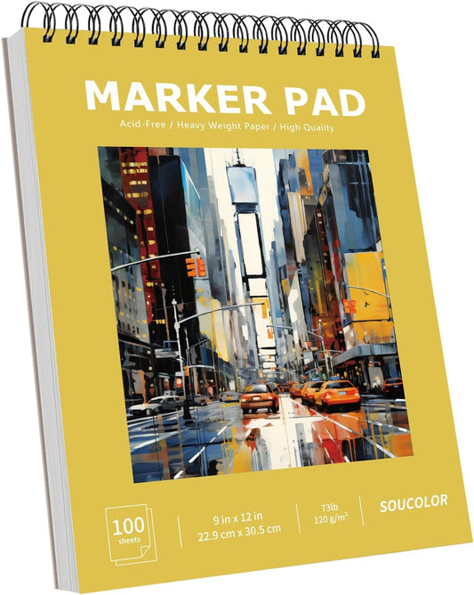 Soucolor 100 Sheets Marker Paper Pad, 9"x12" Bleedproof Art Sketch Pad, 73lb/120gsm Drawing Paper Spiral Sketch Book, Alcohol Marker Paper Painting Coloring Paper for Beginners, Artists, Kids