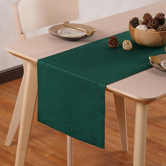 Green Table Runner 120 Inch – Cotton Linen Hemstitch Farmhouse Table Runner 14x120 – Washable Fabric for Dining Table, Spring, Summer, Wedding, Christmas, Everyday Décor – Serena
