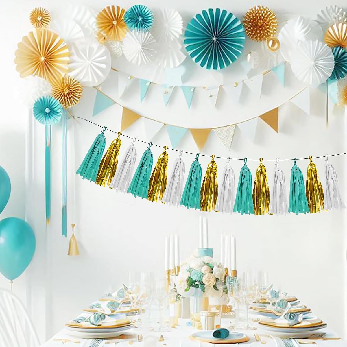 White Gold Teal Party Decorations – 15Pcs Tissue Paper Tassel Garland for Women BirthdayDecoration Wedding Baby Shower Bridal Shower Bachelorette Engagement HongTongTong