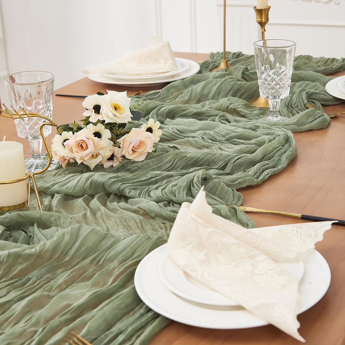 Sage Green 2 Pack Cheesecloth Table Runner 120 Inch 10 FT Boho Rustic Gauze for Wedding Baby Shower Party Farmhouse Summer Home Decor Washable