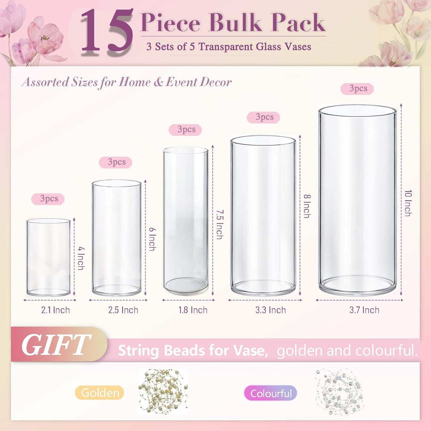 15pcs Cylinder Vases for Centerpieces Small Flower Glass Vases Clear Vase Home Decor Centerpiece Table Flower Vase Decorations for Wedding Decoration＆Holiday Mixed Sizes Tall