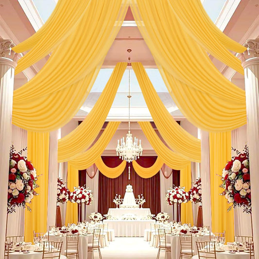 DUOBAO Chiffon Ceiling Drapes 20FT 6 Panels Gold Sheer Wedding Backdrop Curtains for Indoor Events Banquet Hall Tent Drapery Soft Draping Fabric for Arches Christmas and Photography