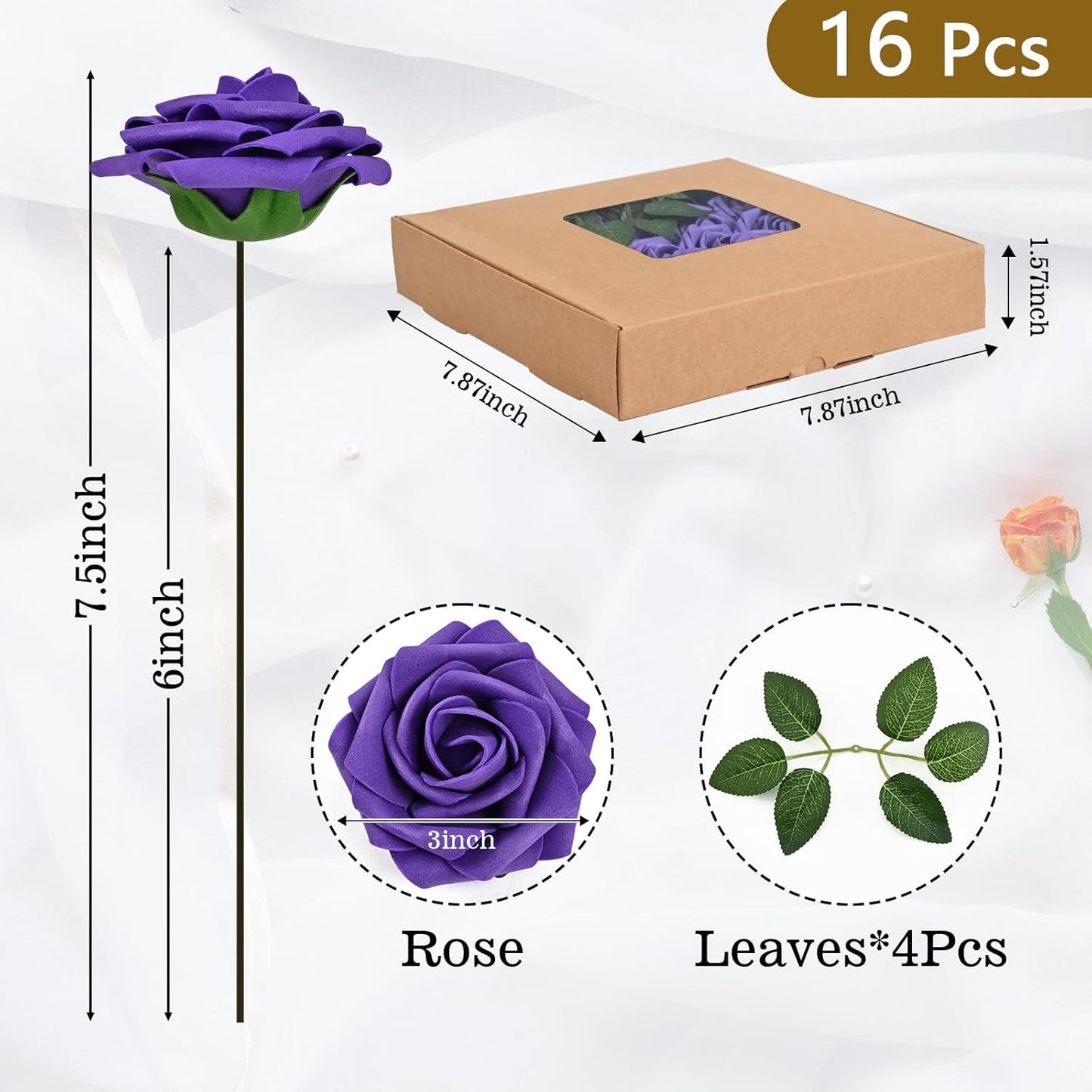 BLEUM CADE 16Pcs Artificial Flowers Fake Roses with Stems, Deep Purple Boxed Foam Roses for DIY Bouquets Centerpieces Wedding Party Arrangement Bridal Shower Decor