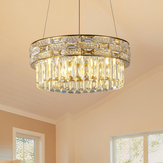 Crystal Chandelier, 16.5" 6-Light Gold Chandelier for Living Room, Round Chandeliers for Dining Room Dimmable, High Ceiling Chandeliers Hanging Lights for Entryway Bedroom