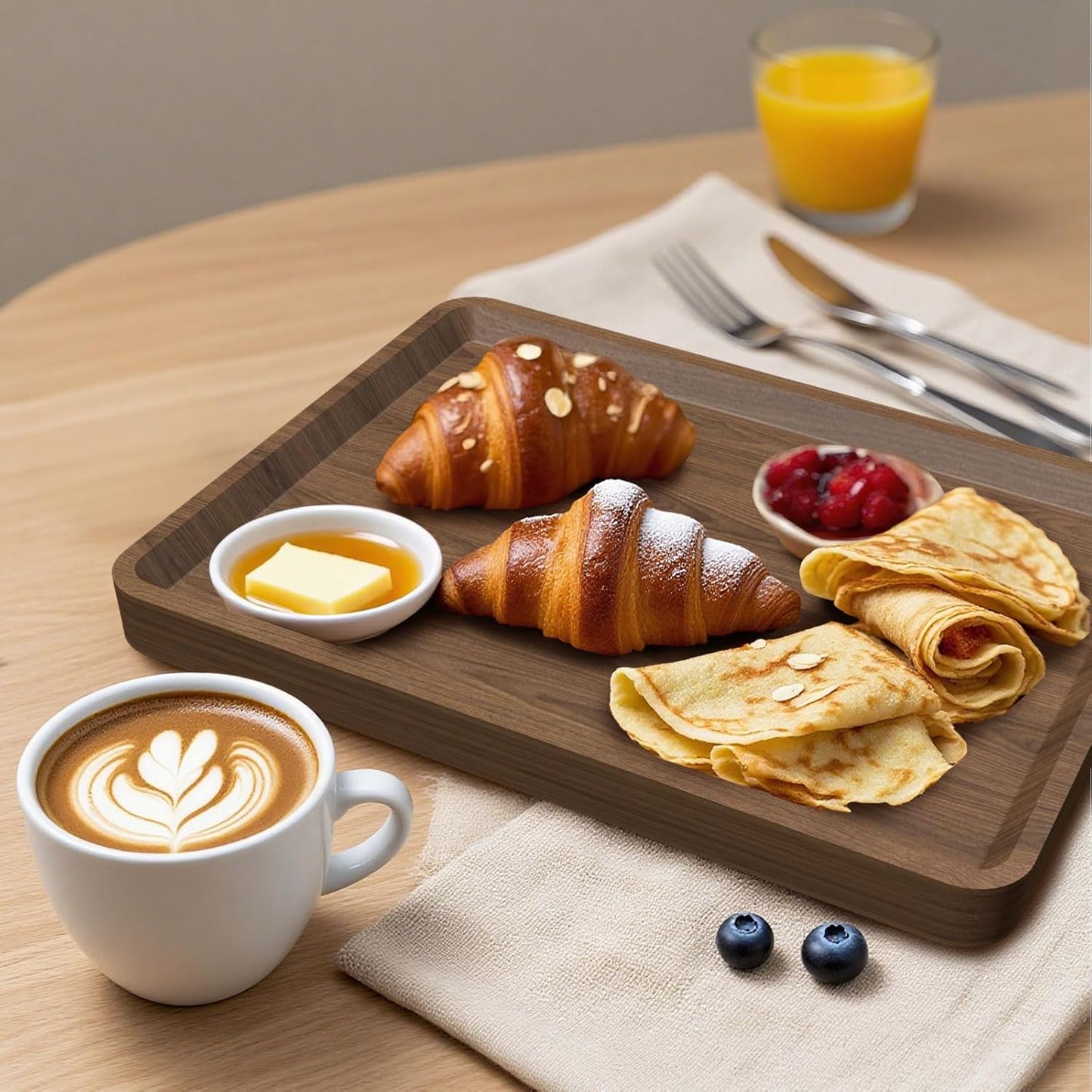 Wood Serving Tray, 16x12in Food Drinks Tray Rustic Rectangular Tray Decorative Serving Platter for Ottoman, Breakfast in Bed, Dinner, Coffee Tablecch