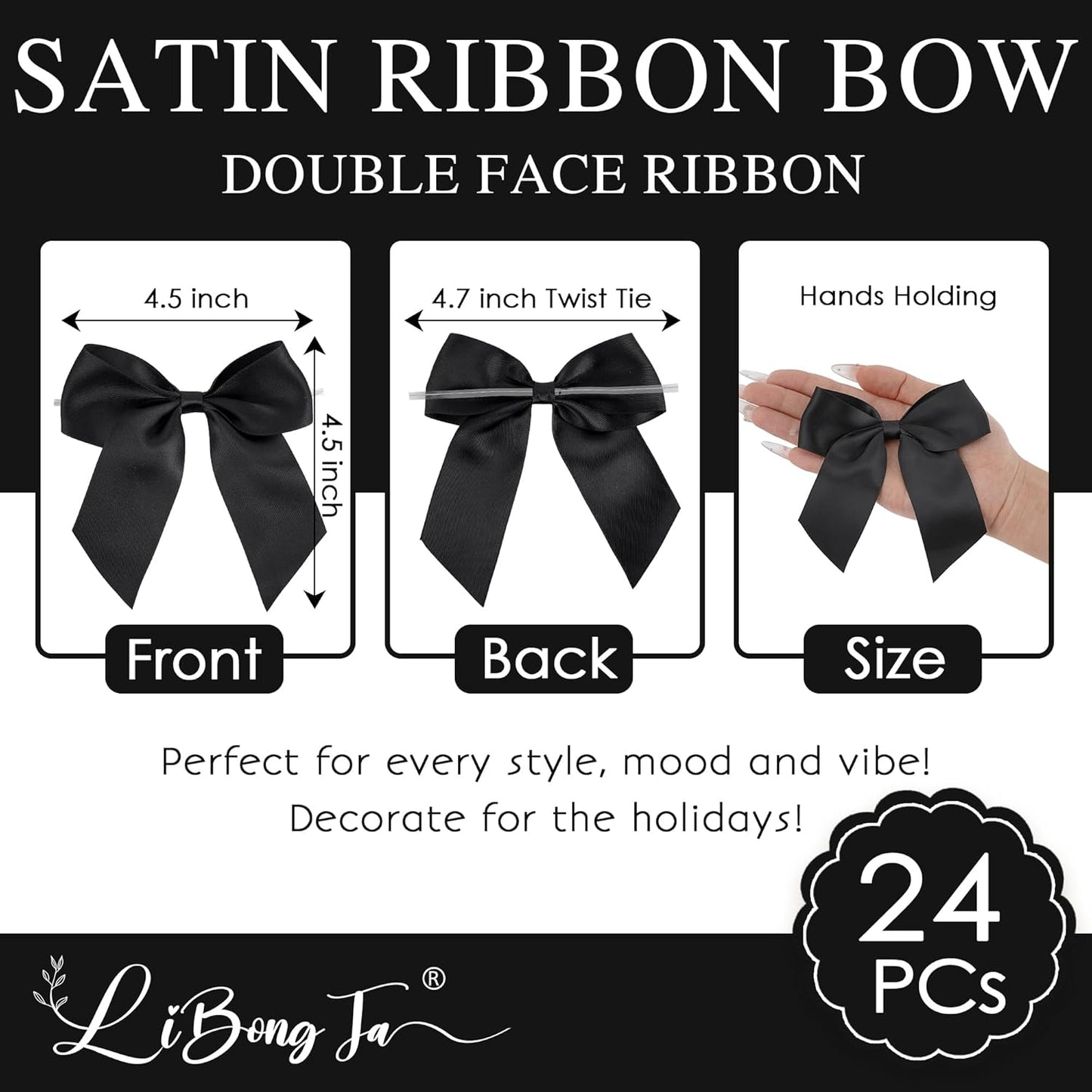 4.5" Satin Ribbon Black Bows for Gift Wrapping, Twist Tie Bows, Cute Bows for Crafts, Party Favors, Premade Bows Pre-Tied Decorative Bows for Flower Bouquets Candy Apple Bows-24 Counts