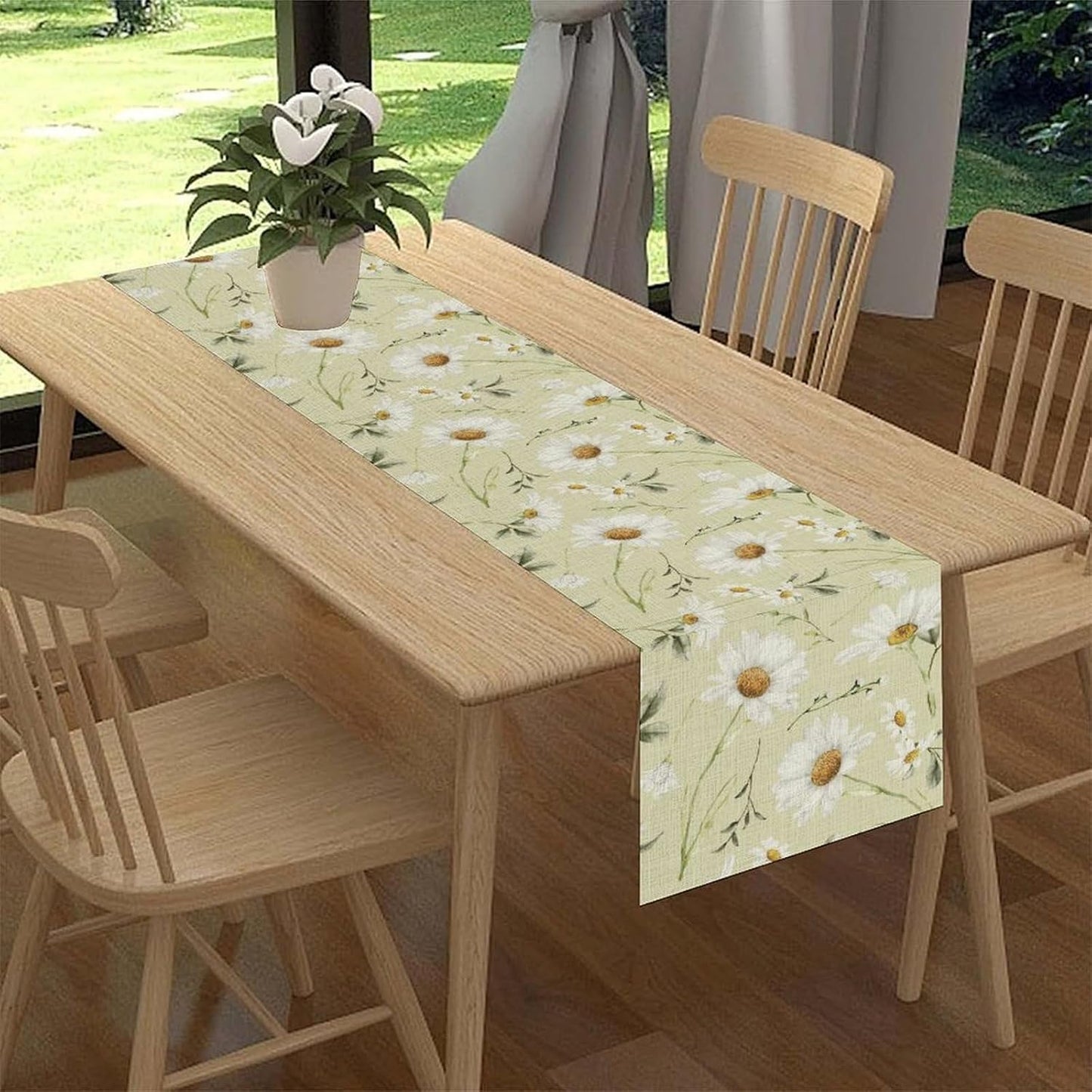 Daisy Floral Table Runner, Spring Seasonal Summer Wild Flower Rustic Country Farmhouse Table Center Decor for Home Kitchen Dining Patio Holiday Party Indoor Outdoor Table Decorations, 13"x90" Inch