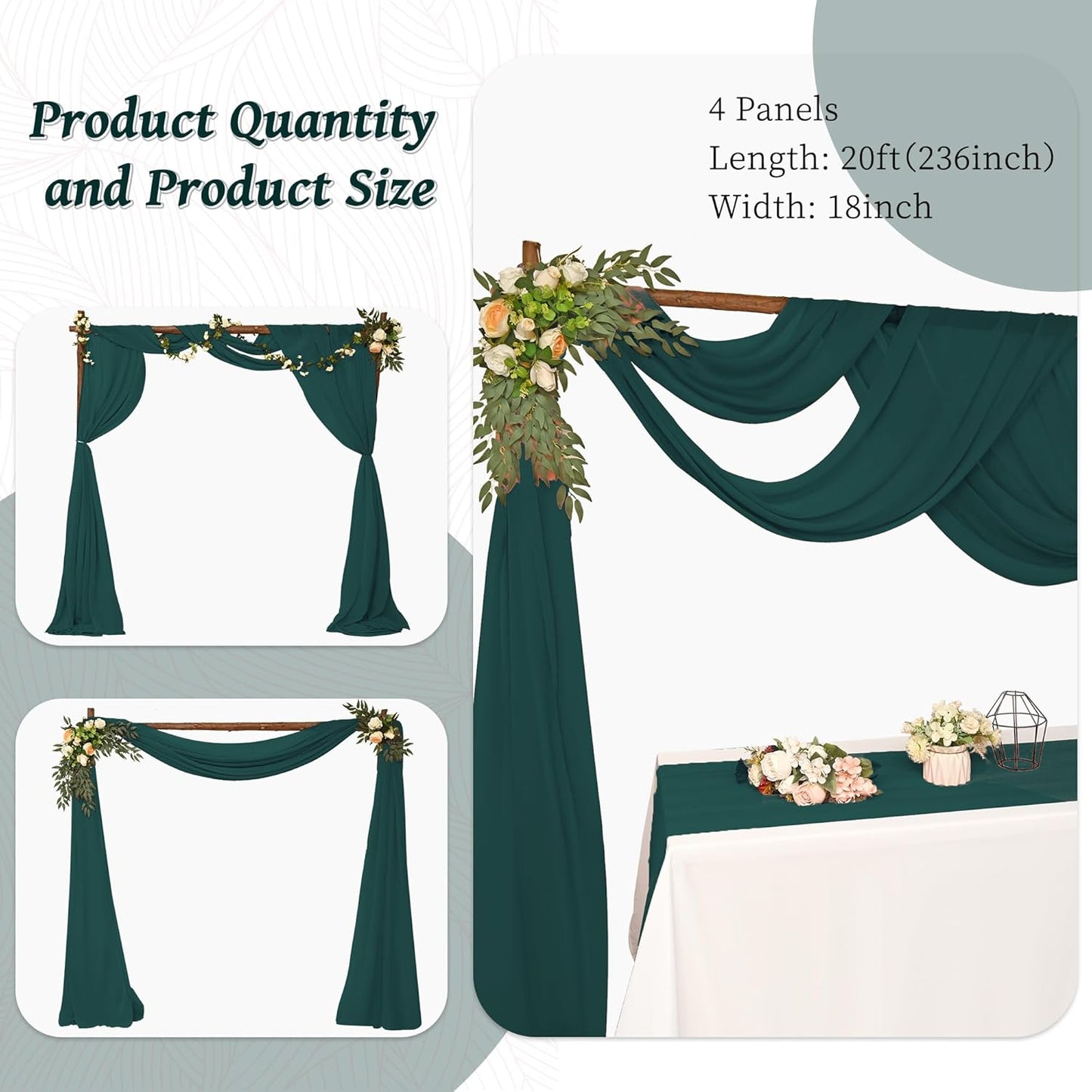 4 Panels Wedding Arch Draping Fabric 28" x 20 Ft Chiffon Wedding Arch Drapes Chiffon Fabric Drape Sheer Backdrop Curtain for Nuptials Party Ceremony Birthday Reception Backdrop Decor(Emerald Green)