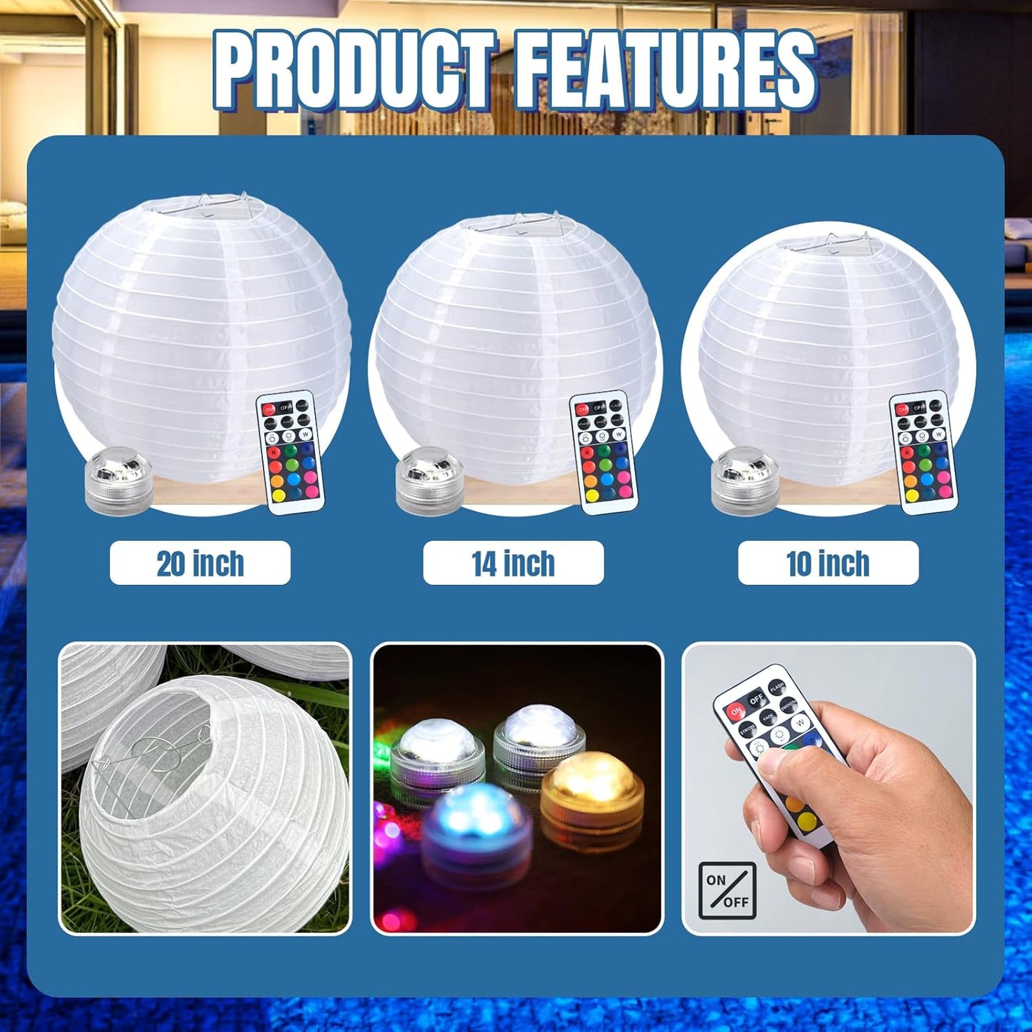 Floating Lanterns LED Pool Lights,IP68 Waterproof Pool Lights That Float ,13 Color Changes by Remote Control for Pool Decor,Outdoor Party,Wedding (4Pcs-14 inches)