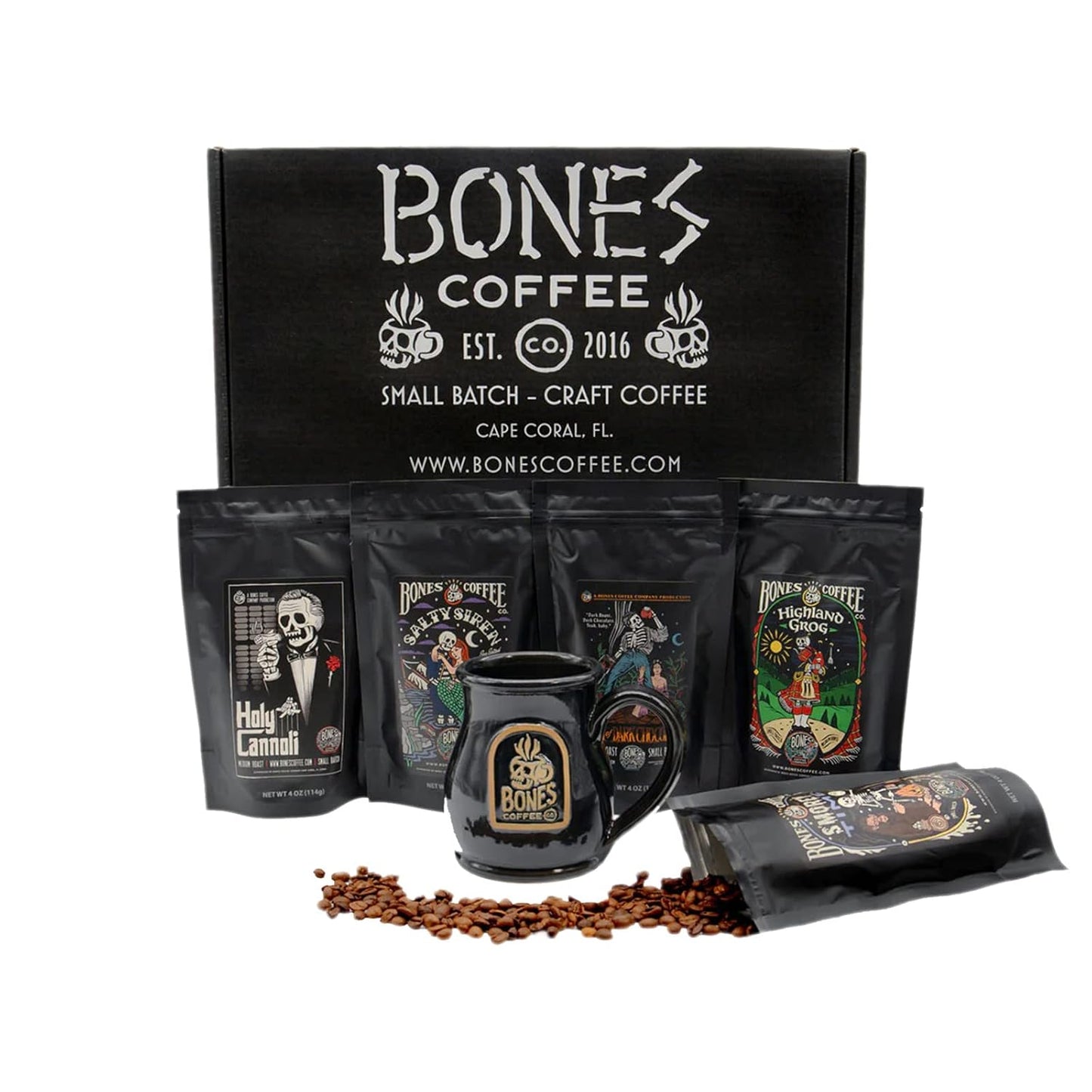 Bones Coffee Company Favorite Flavors Sample Pack Box Set with Specialty Coffee Mug, 5 Assorted Single-Origin Low Acid Medium Roast Arabica Beans Flavored Coffee Gifts, 4 oz Pack of 5 Whole Bean