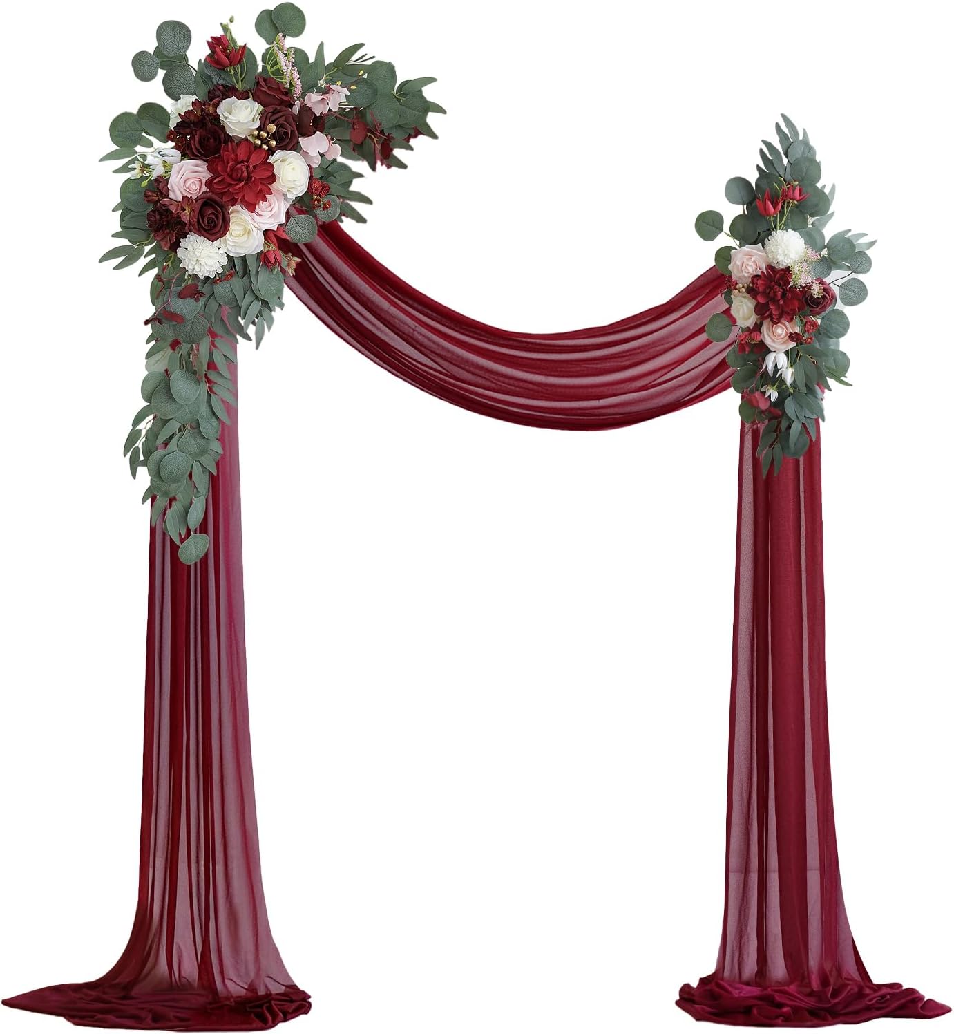 Burgundy Artificial Wedding Arch Flowers Kit (Pack of 3) with 26Ft Burgundy Shiny Arch Draping Fabric for DIY Wedding Party Ceremony Reception Backdrop Floral Decoration