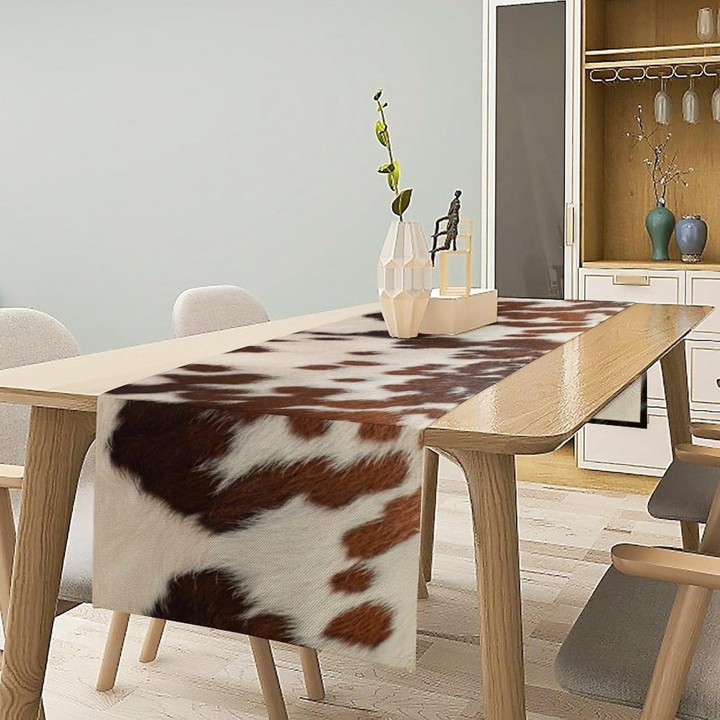 Farmhouse Cow Skin Print Table Runner, Safari Wildlife Brown Country Farm Cowhide Pattern Cotton Linen Rustic Cottage Table Runner for Dinning Home Party Holidays Home Setting, 13x60 Inch