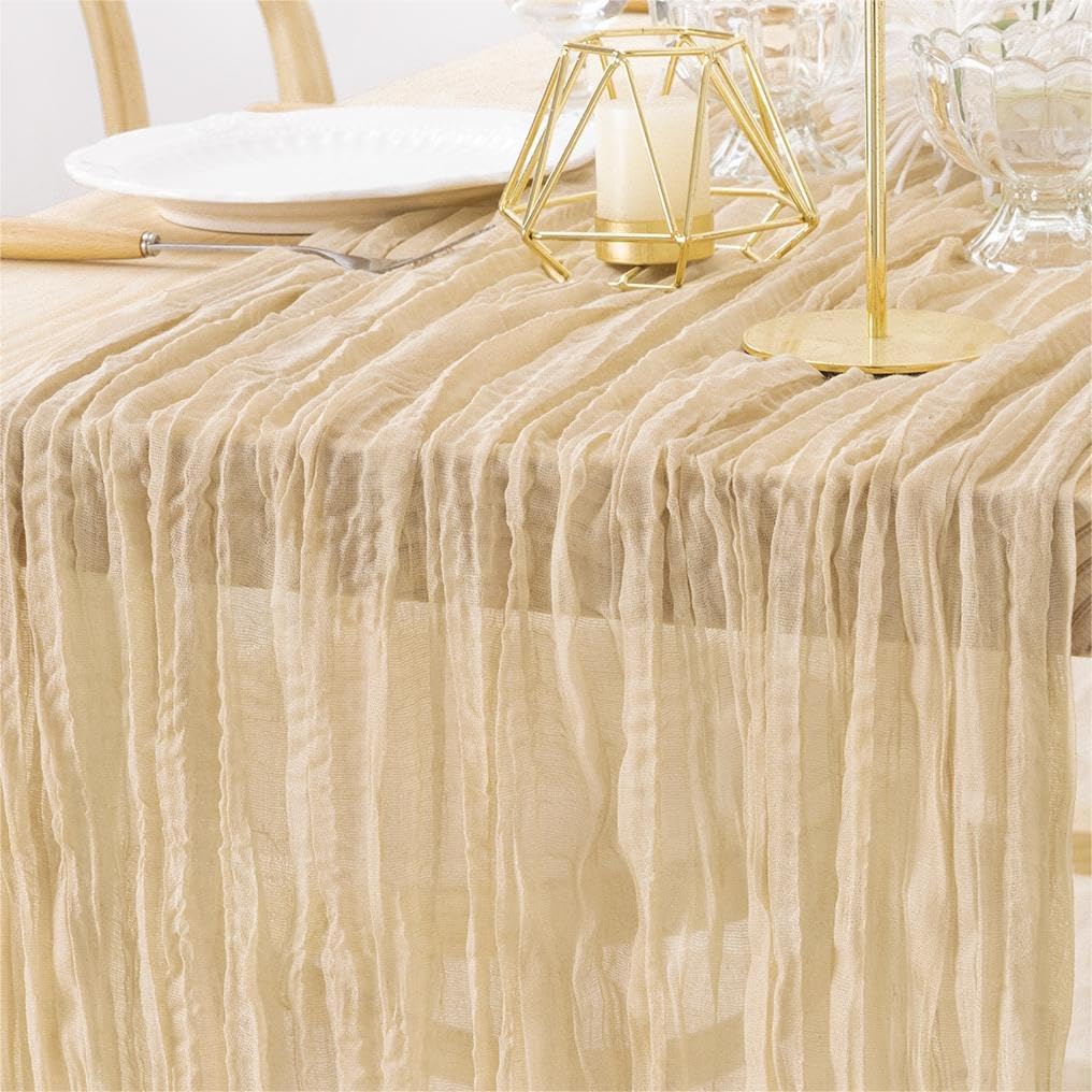 MLMW 10 Pack Champagne Gold Table Runner Cheesecloth Boho Gauze Rustic Cheese Cloth 160 inch Sheer Wedding Table Runner 13.3ft for Thanksgiving Party Baby Bridal Shower Birthday