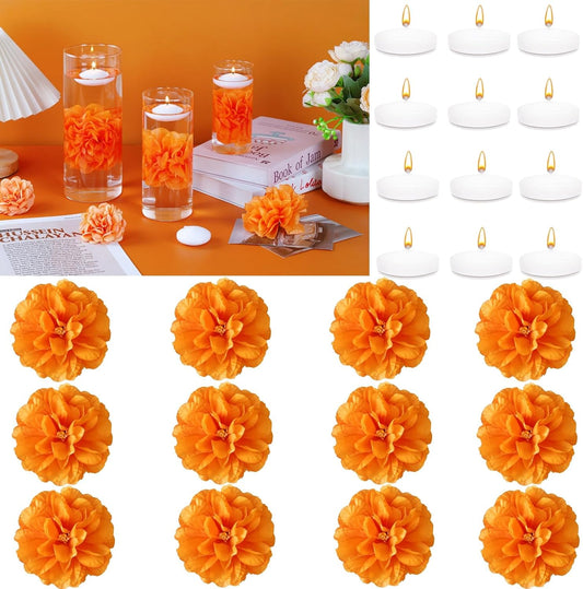 24 Pcs Floating Candles for Centerpieces and Floating Flowers Vase Fillers for Centerpieces Orange Artificial Flowers for Wedding Table Party Home Decoration