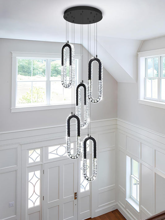 5 Rings Crystal Chandeliers for Staircase Large Pendants Light Fixture Black High Ceiling Chandelier for Entryway Bedroom Foyer 2700K-6000K