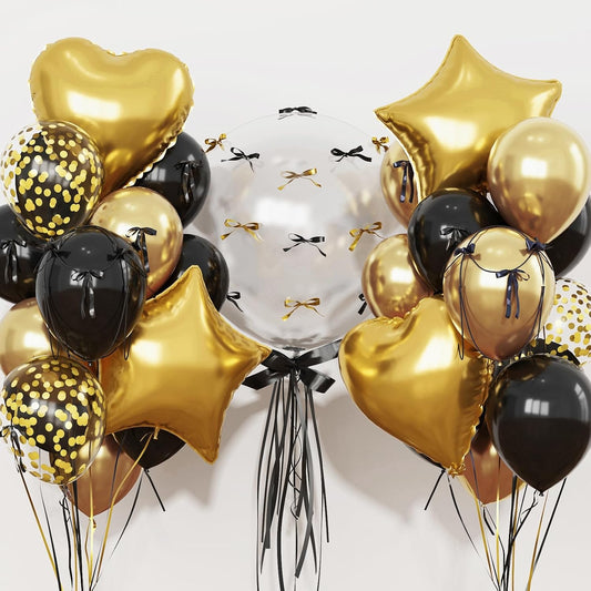 Black and Gold Balloons Heart Star Shape Foil Balloons for Birthday Party, Metallic Gold and Black Party Decoration 18 in Clear Confetti Heart Star Mylar Balloon as Graduation 2025 Prom Supplies Decor