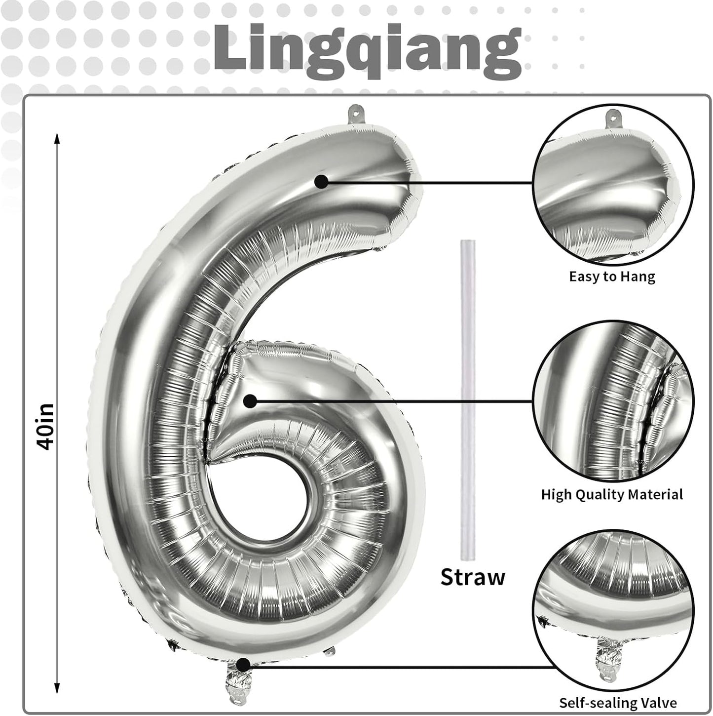 40" Silver Number 6 Balloon for Girls Boys, Large Self Inflating Helium Foil Number Balloons Set 0-9 for Women Men 6th 16th 60th Birthday Anniversary Wedding New Year Party Decorations Supplies