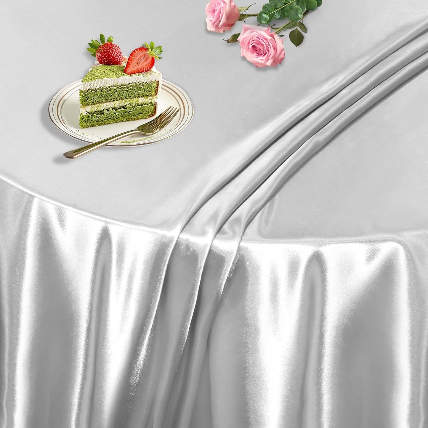 KKJIAF 1 Pack 60 Inch / 5ft Round Table Cloth, Silver Overlay Round Satin Table Cover, Silky Satin Dining Tablecloths for Wedding Buffet Parties Banquet Decoration