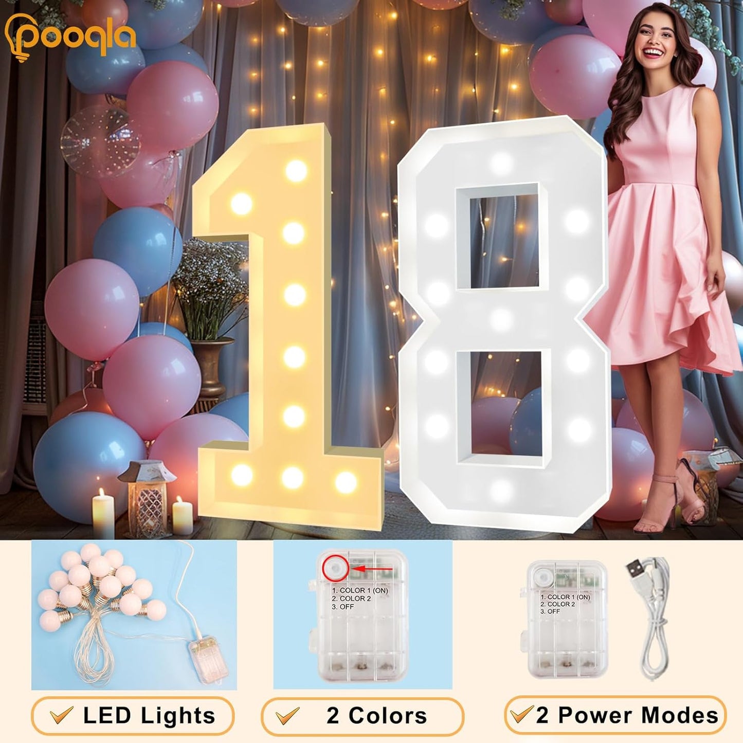 Pooqla 4 FT Light Up Marquee Numbers, Cool White and Warm White LED Large Lighted Marquee Numbers, Giant Mosaic Light Up Numbers for Balloons 8th 18th 80th Birthday Party Decoration, LED Number 8
