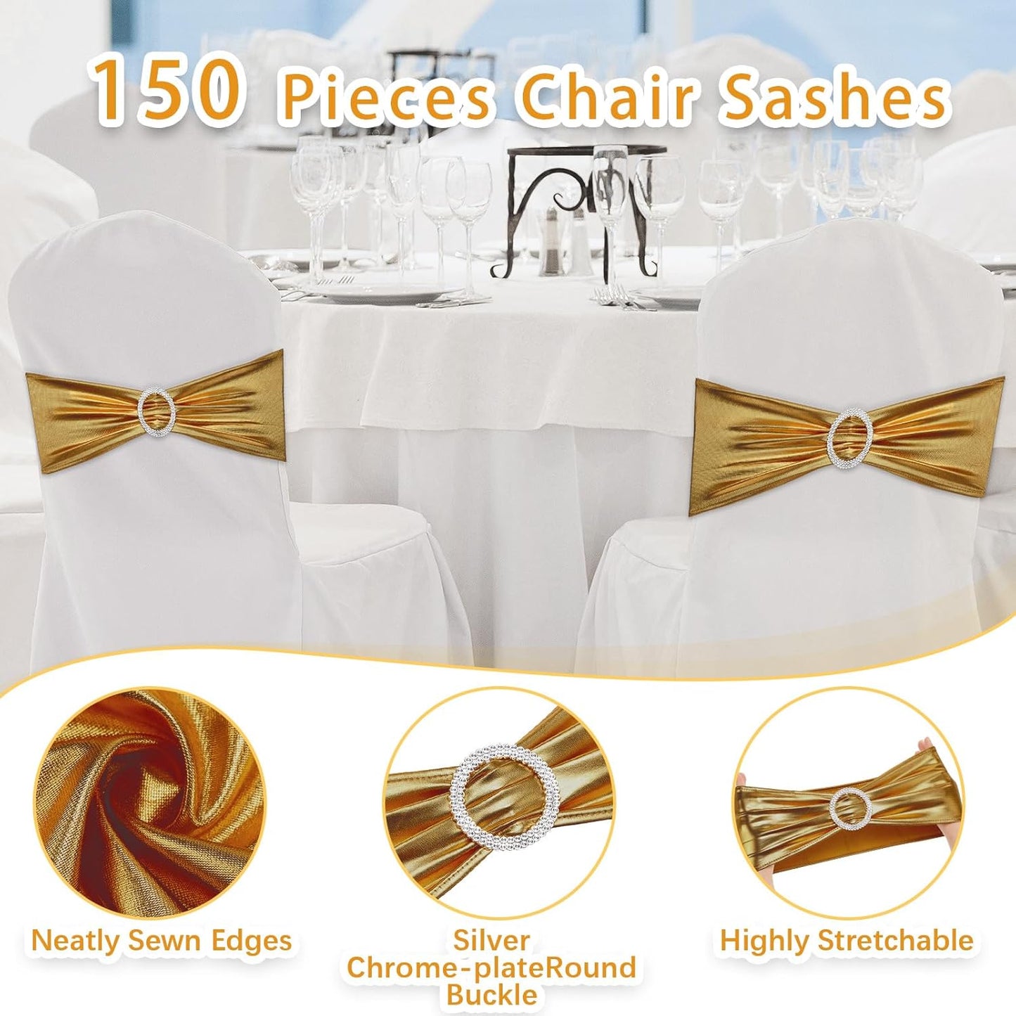 CHENGU 150 Pieces Spandex Stretch Chair Sashes Bows Elastic Chair Cover Bands Ties with Buckle Slider for Wedding Party Reception Events Universal Ceremony Banquet Decorations (Glossy Gold)