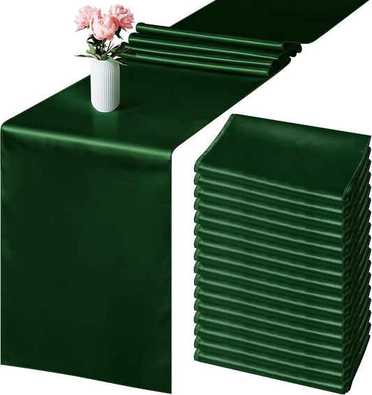 Aneco 16 Pack Satin Table Runner 12 x 108 Inch Black Green Long Wedding Satin Silk Table Runner for Wedding Banquet Graduations Birthday Party Decoration