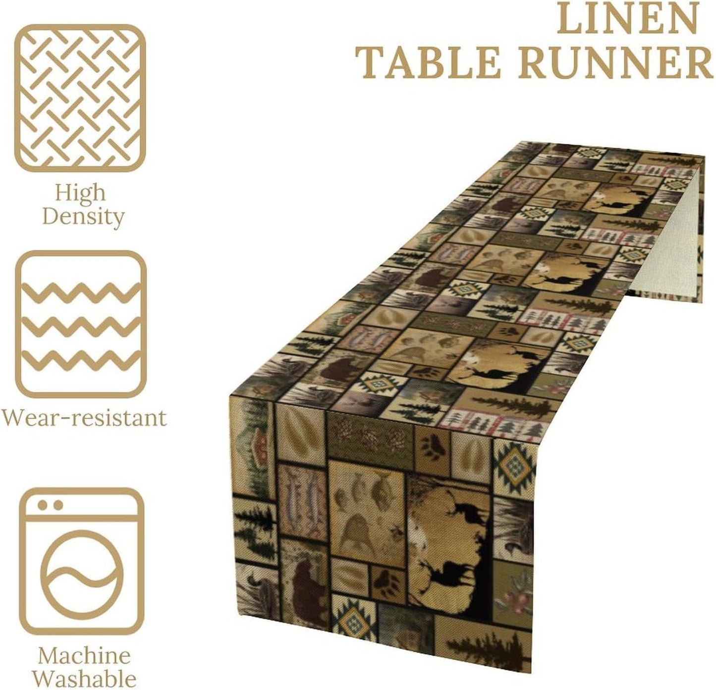 Vintage Deer Bear Table Runner, Fish Retro Farmhouse Cabin Lake Country Lodge Table Runner for Home Dinner Kitchen Living Room, 13x70 Inch