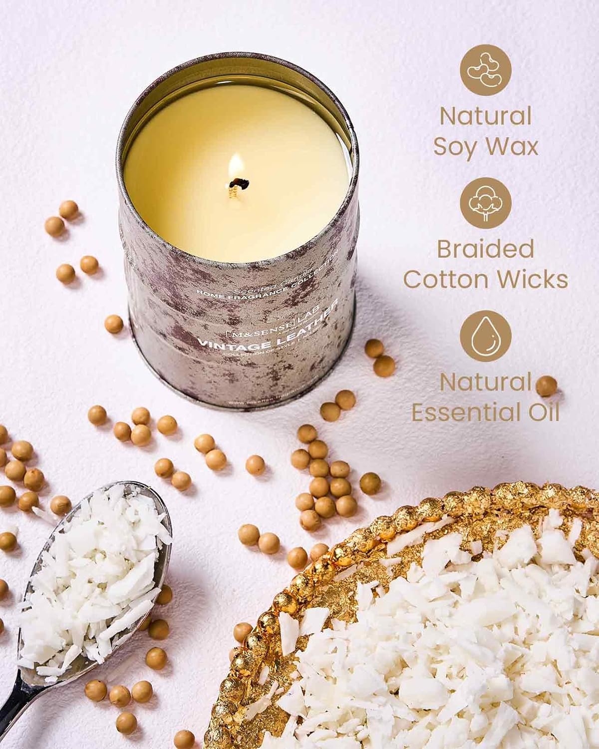 M&SENSE Vintage Leather Scented Candles Natural Non Toxic, Aromatherapy Candle for Stress Relief Meditation Relaxing, Housewarming Gifts for Women Men, 11.3oz 70 Hour Long Burning