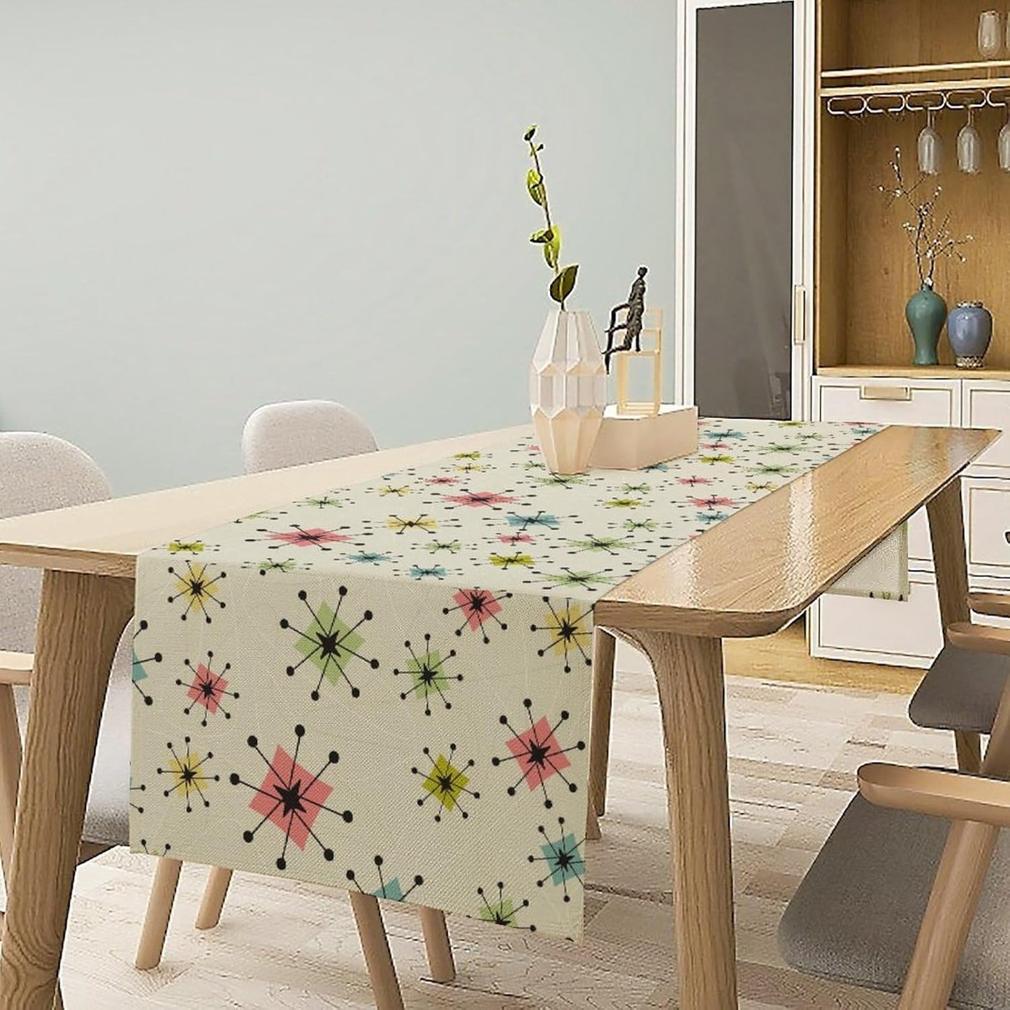 Mid Century Table Runner, Flag Retro Atomic Starburst 1950s Abstract Geometric Space Tabletop Decoration for Home Kitchen Restaurant Table Flag 13x108 Inch