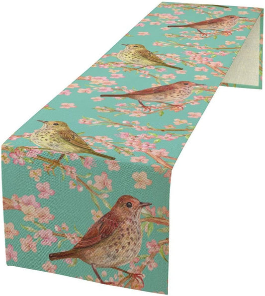 Table Runner with Flowers and Birds, Spring Plant Flowers Table Decoration Linen Table Runner Family Party Party Decorations 13x60 Inches