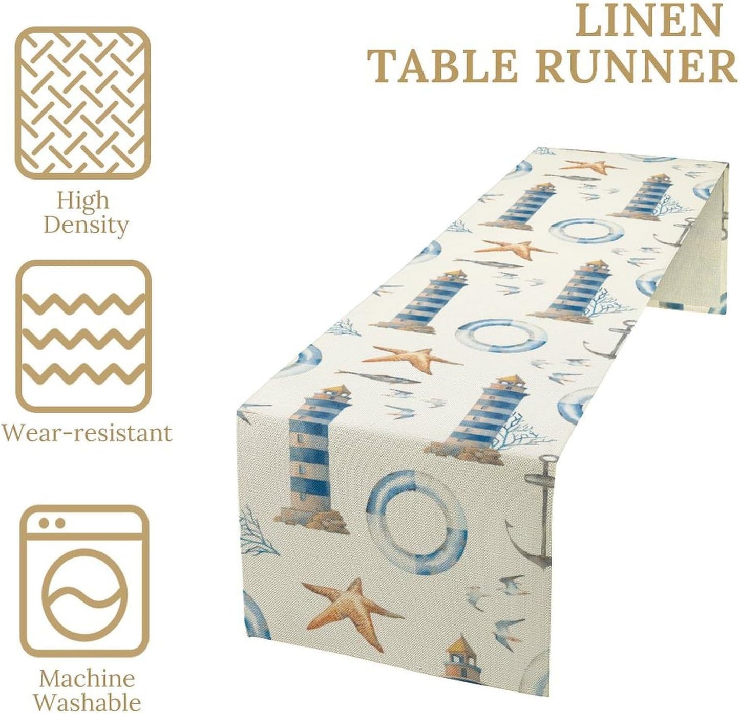 Blue Beach Table Runner, Tropical Ocean Coast Table Runner, Seashell Seasonal Nautical Restaurant Coffee Table Decorations for Home Holiday Party Indoor Outdoor 13x108 Inch