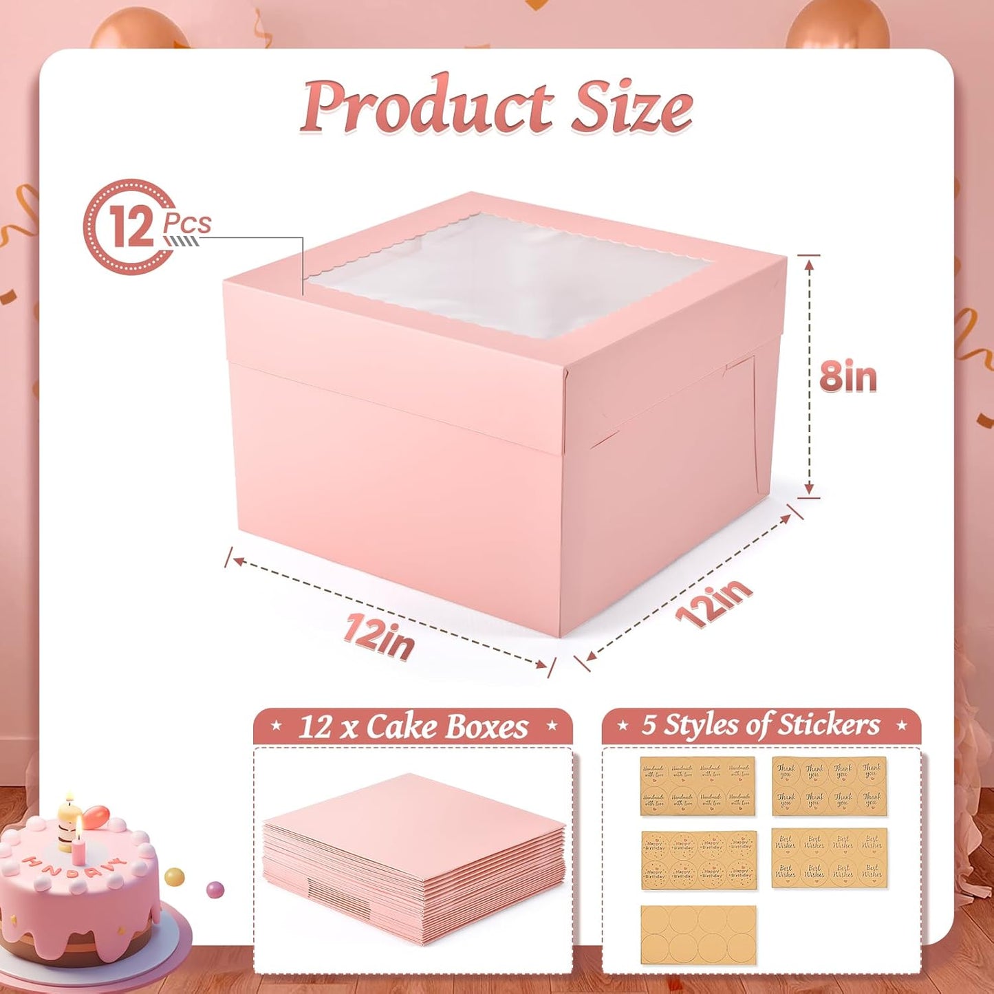 12Pcs Cake Boxes, 12x12x8 Inches Tall Bakery Boxes with Window, Large Pink Disposable Tier Cake Containers for Pastries, Pie, Cookies, Chocolates, Cupcakes, Birthday Party Dessert Boxes