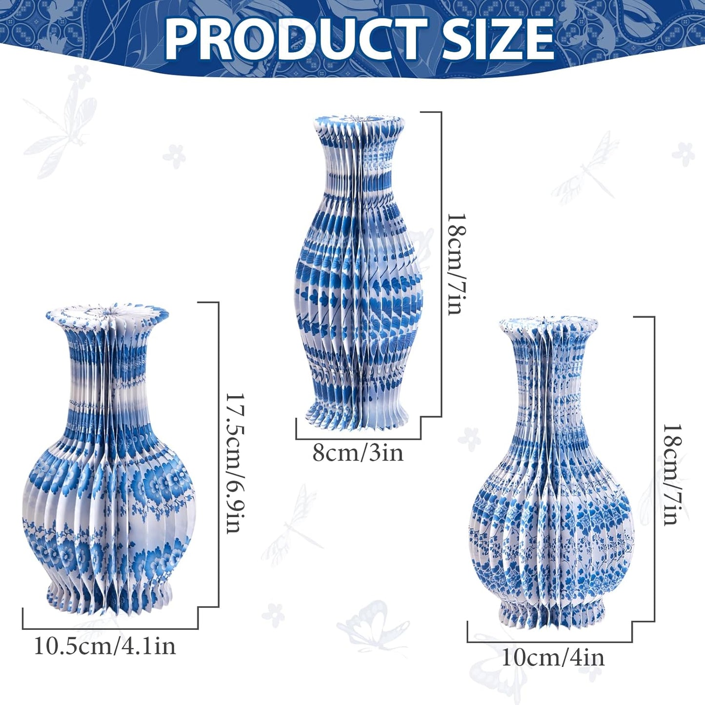 3 Pcs Blue and White Paper Honeycomb Vase, Foldable Decorative Vase with Magnetic Closure, Chinoiserie Décor Vase, Reusable Table Centerpiece for Wedding, Baby Shower, Home Decor