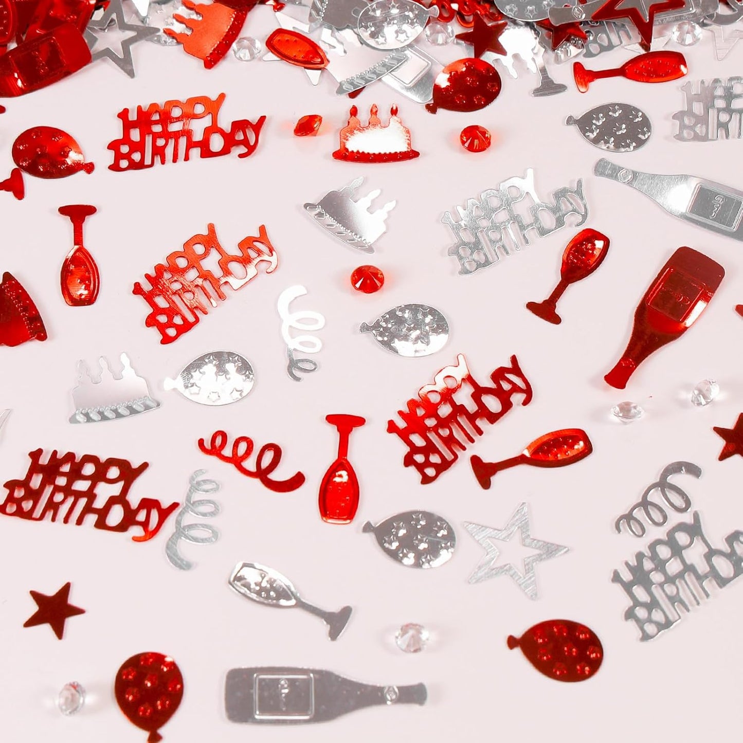 VHUWE Happy Birthday Confetti, 1.6 oz Red Silver Cake Balloon Star Goblet Bottle Glitter Confetti for Boys Girls Kids Women Men Happy Birthday Party Table Decorations Supplies