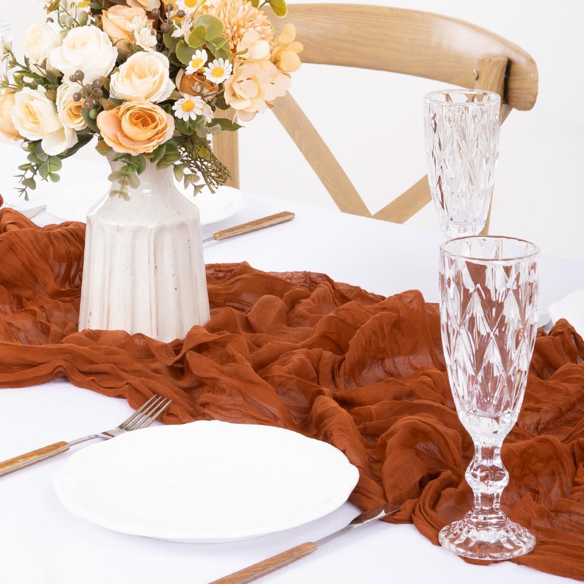 MLMW 6 Pack Fall Thanksgiving Table Runner Cheesecloth Autumn Harvest Rust Terracotta Cheese Cloth Boho Gauze 160 inch Table Runner 13.3ft for Wedding Party Baby Bridal Shower Birthday