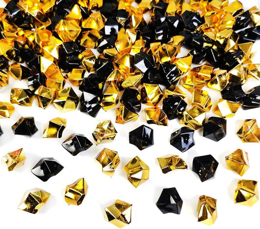 HappyFiller Fall Halloween Decoration Fake Ice Rocks Acrylic Nuggets Gems Stones Pirate Jewels for Wedding Centerpieces Vase Fillers,Graduation Party Table Scatters,Home Accents,Gold Black,14 OZ