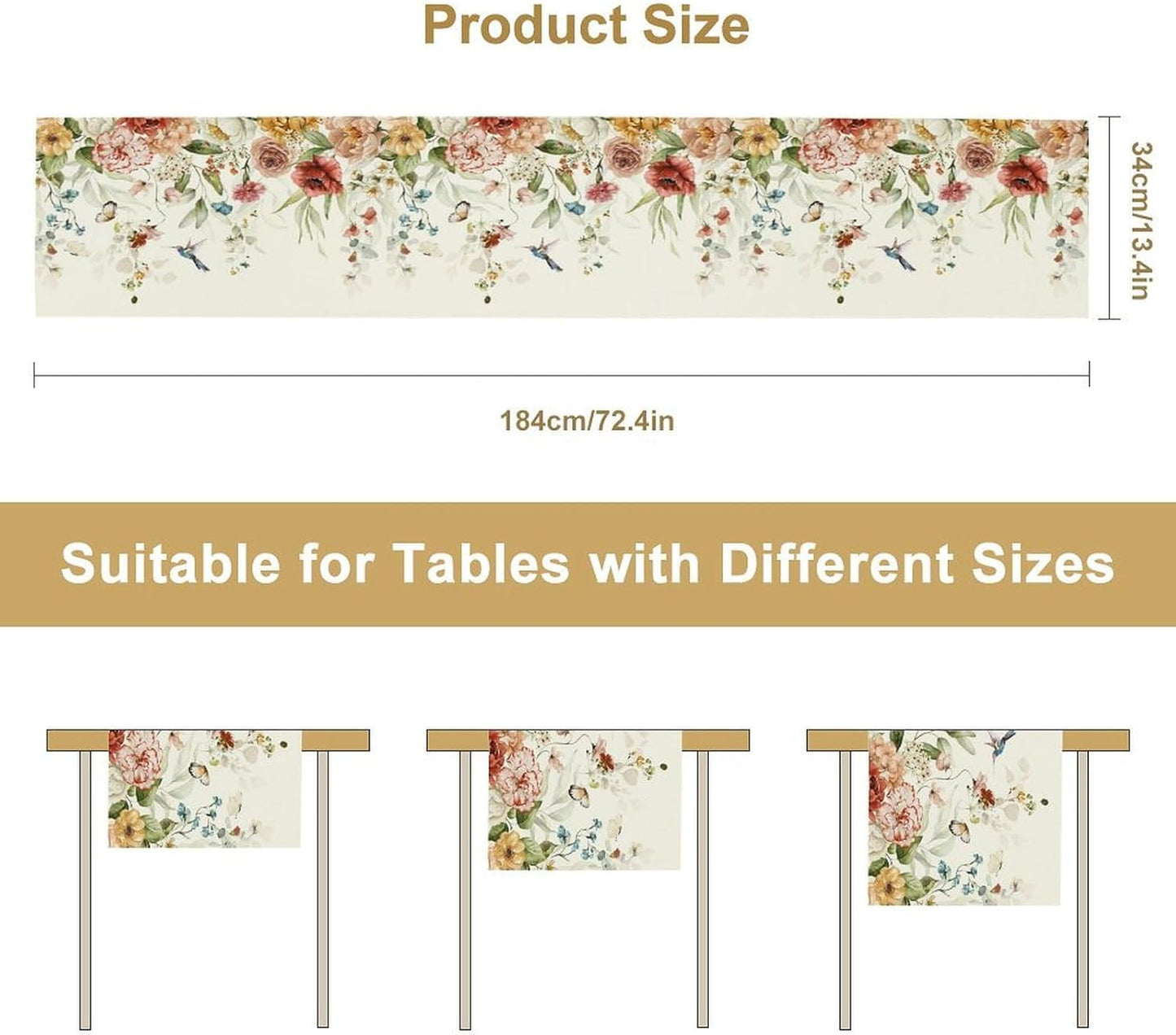 Rustic Floral Table Runner, Watercolor Flower Leaves Hummingbird Butterfly Farmhouse Kitchen Dinning Table Runner for Indoor Outdoor Home Wedding Party Holiday, 13x90 Inch