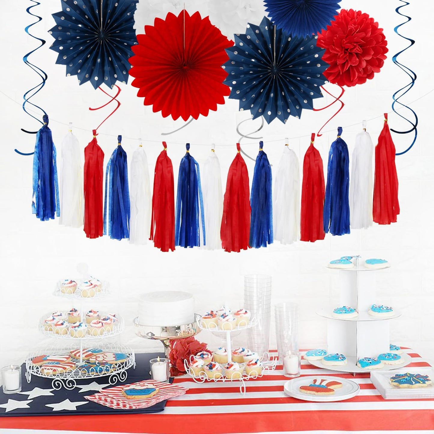 Fourth-4th of July Memorial-Day Party-Decorations - 31pcs Red-Blue White-Silver Patriotic Banner,Streamers Garland,Tissue Pom Poms Honeycomb,Paper Lantern Fan,Independence Graduation Decor Hugtmr