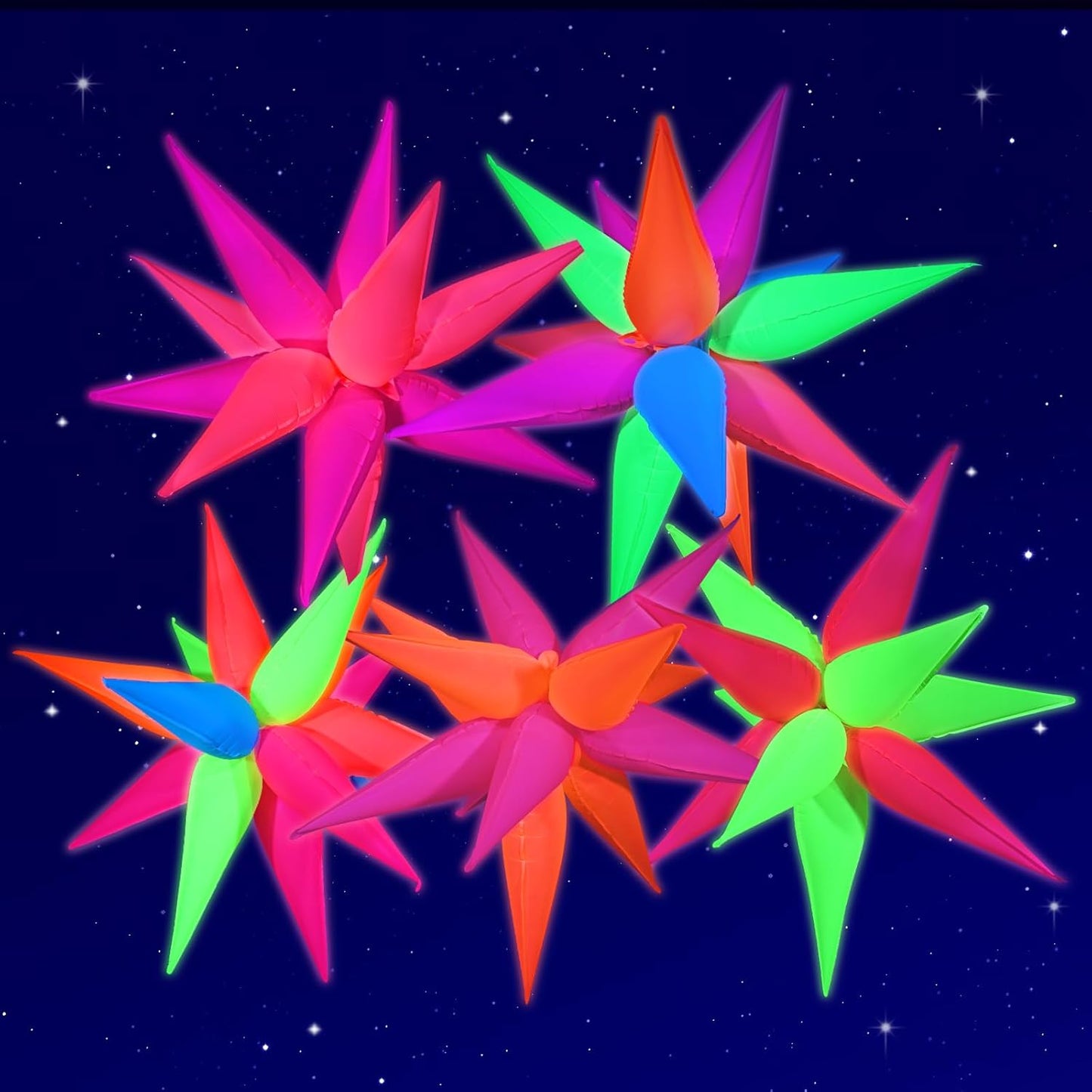 Mega-L Glow Glow in The Dark Party Supplies, 5 Pcs Neon Star Balloons Kit – Neon Foil Explosion & 12 pt Cone Balloons for Arches/Garlands. Perfect for Birthday, Wedding, Anniversary, Graduation Party