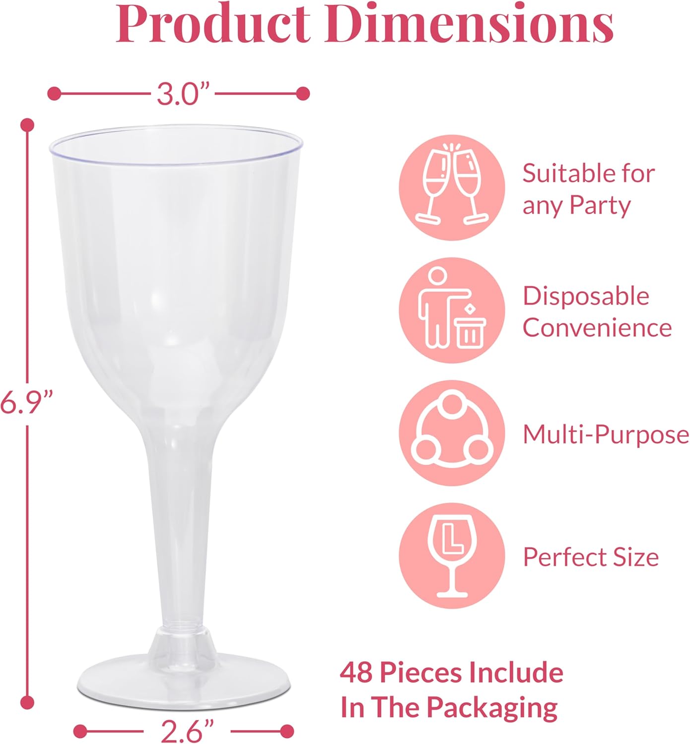 Prestee Stemmed Disposable Wine Glasses - 10 oz Clear Plastic Wine Glasses BPA-Free - Easy Assembly for Parties Weddings Picnics - Durable and Sturdy Wine Plastic Cups - 48 Pack