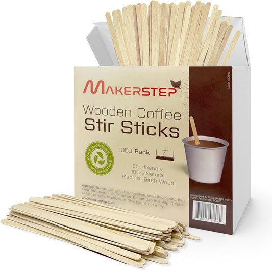 Makerstep Birch Wood Coffee Stirrers, 7 Inch Coffee Stir Sticks (1000 Pack) Eco-friendly, Sturdy Wooden Sticks. Splinter Free, Round End. Great For Your Coffee Nook