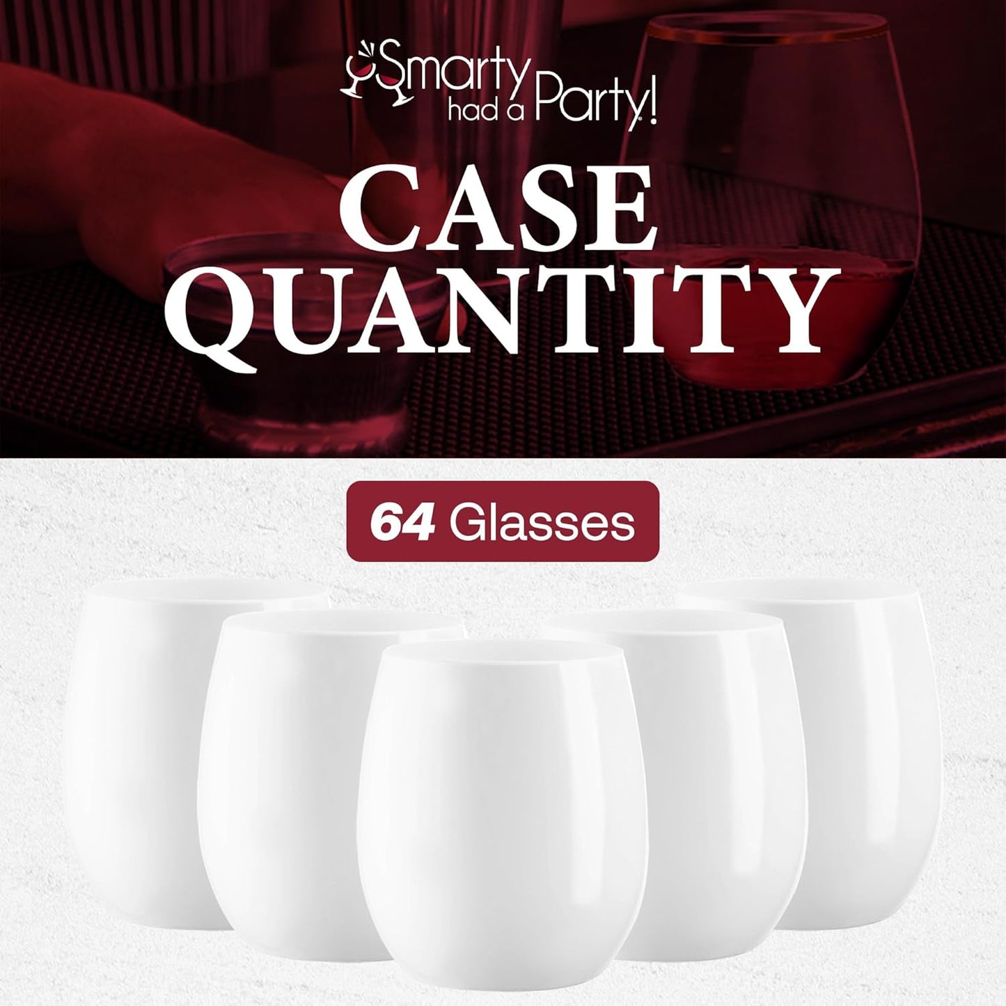Smarty Had A Party 12 oz Wine Glasses Pack of 64 White Stemless Plastic Glasses, Unbreakable Disposable Drinkware for Parties and Events