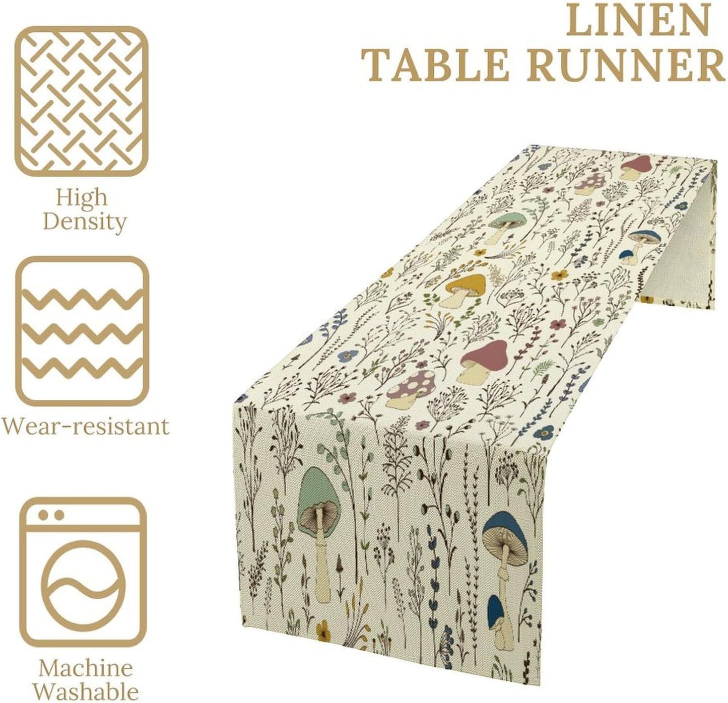 Mushroom Table Runner,Colorful Wild Plants and Fungus Botanical Plants Pattern Print Burlap for Hotel Indoors Outdoor Dining Room Kitchen Holiday Party, 13x60in