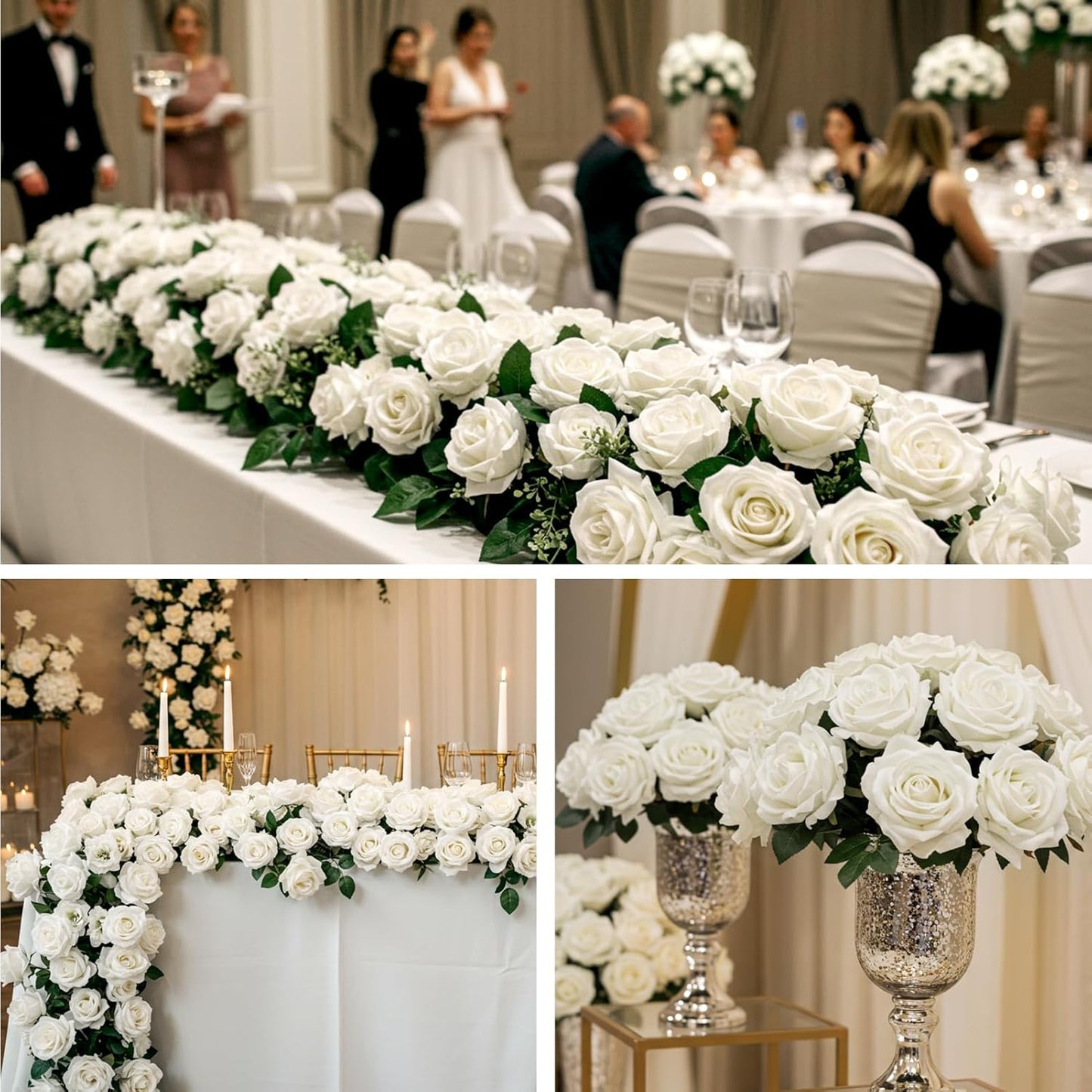 Auihiay 54PCS White Roses Artificial Flower, Fake Silk Roses, Artificial Roses Bulk for Wedding Decorations Table Centerpieces, Mother's Day Valentine's Day Home Decor